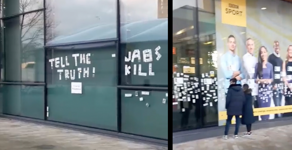 BBC Studio Windows Covered In Stickers Symbolizing Deaths Caused By COVID Jabs