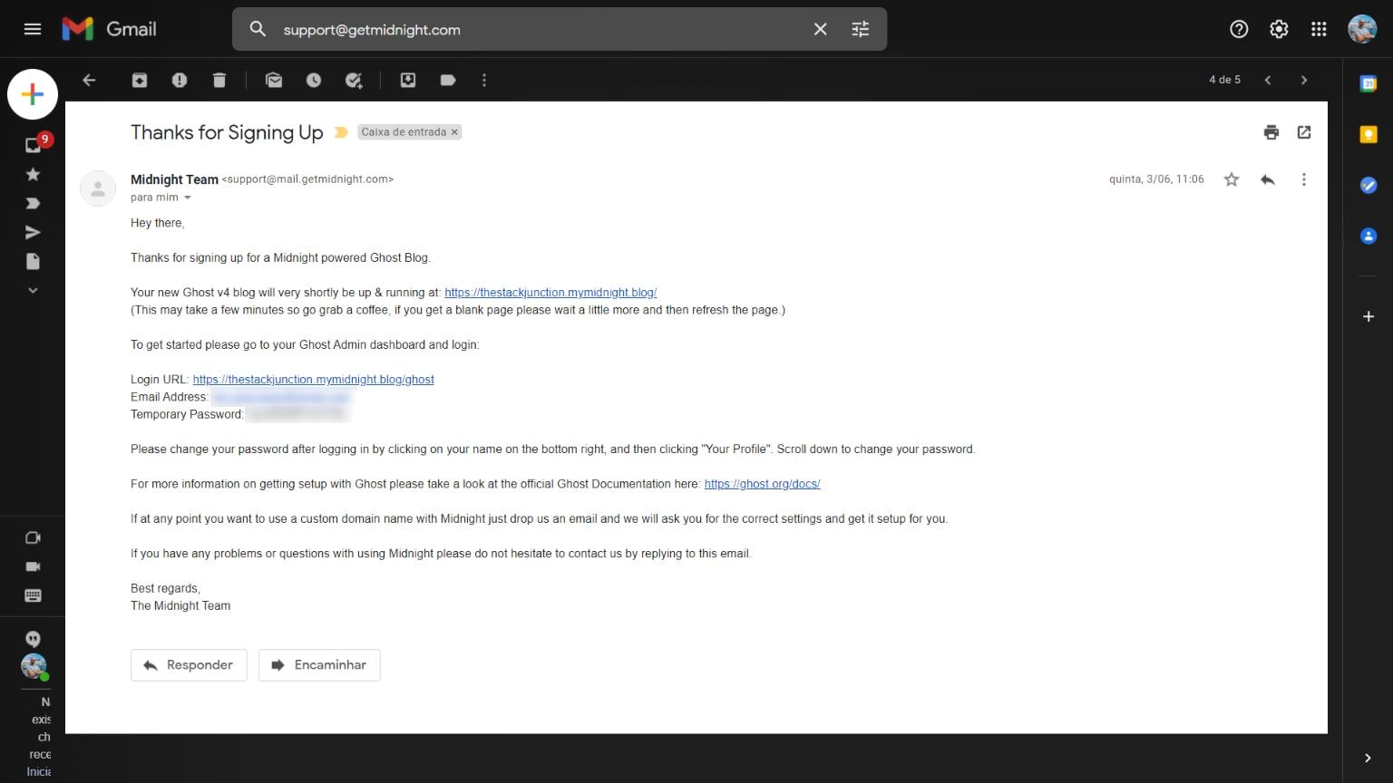 sign up email sent by Midnight with password and instructions