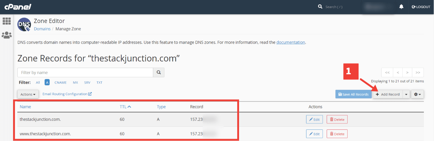 Click on Add Record to point domain into Midnight servers