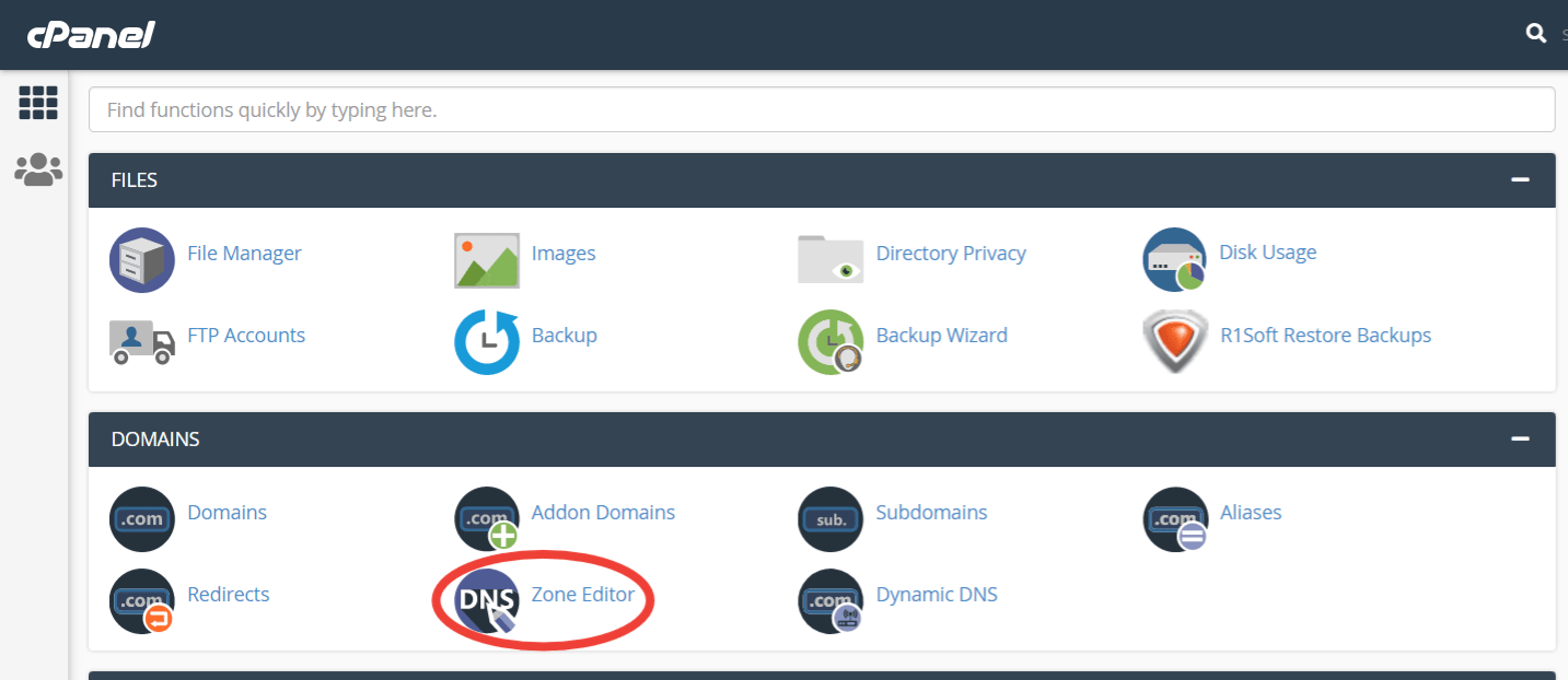 On cPanel dashboard click on Zone Editor