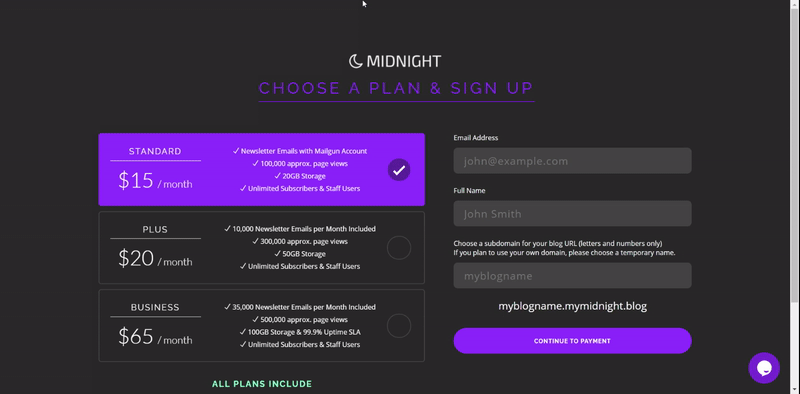 Choose a plan and sign up for Midnight hosting