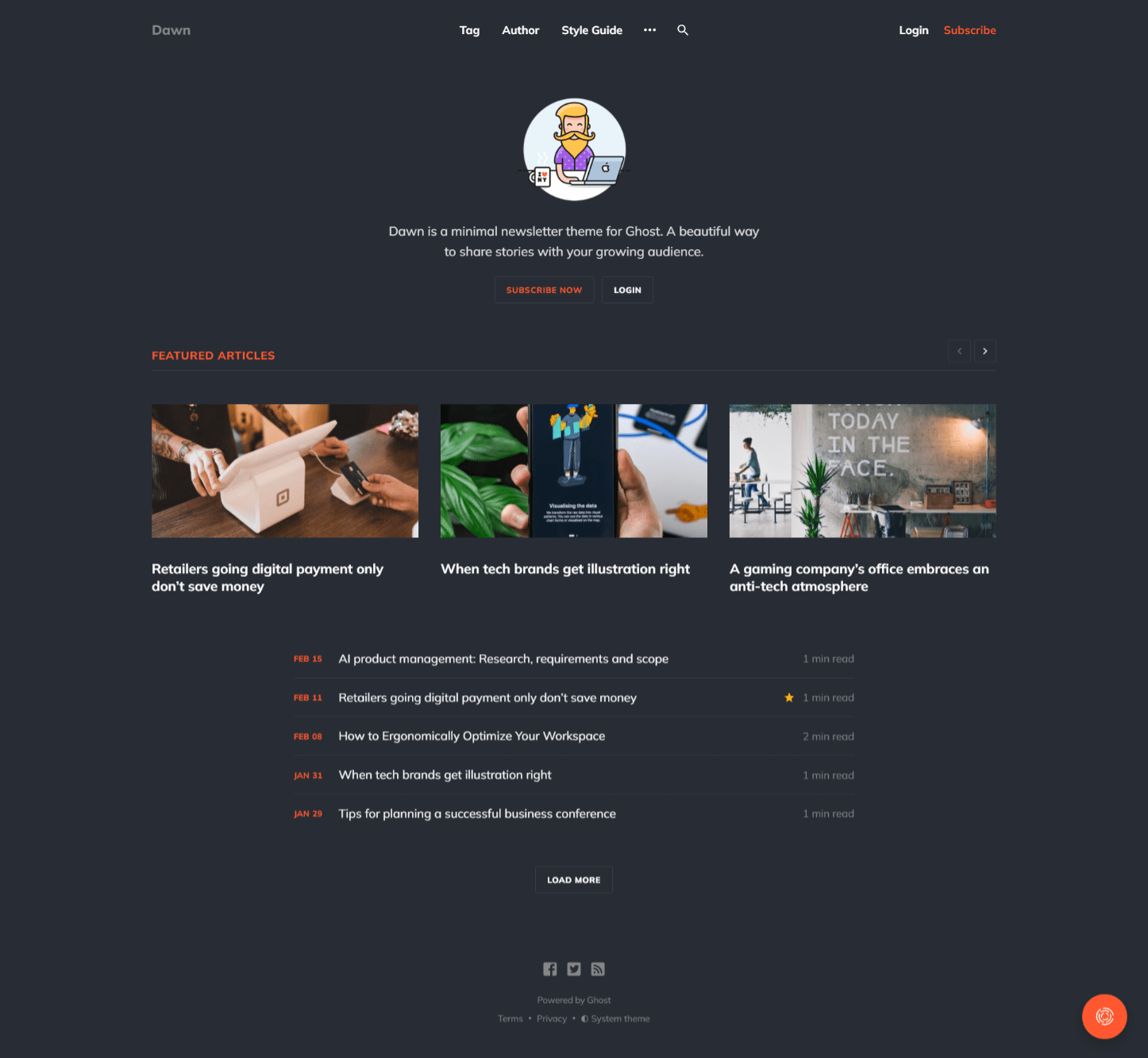 Dawn is a personal newsletter theme with dark mode.