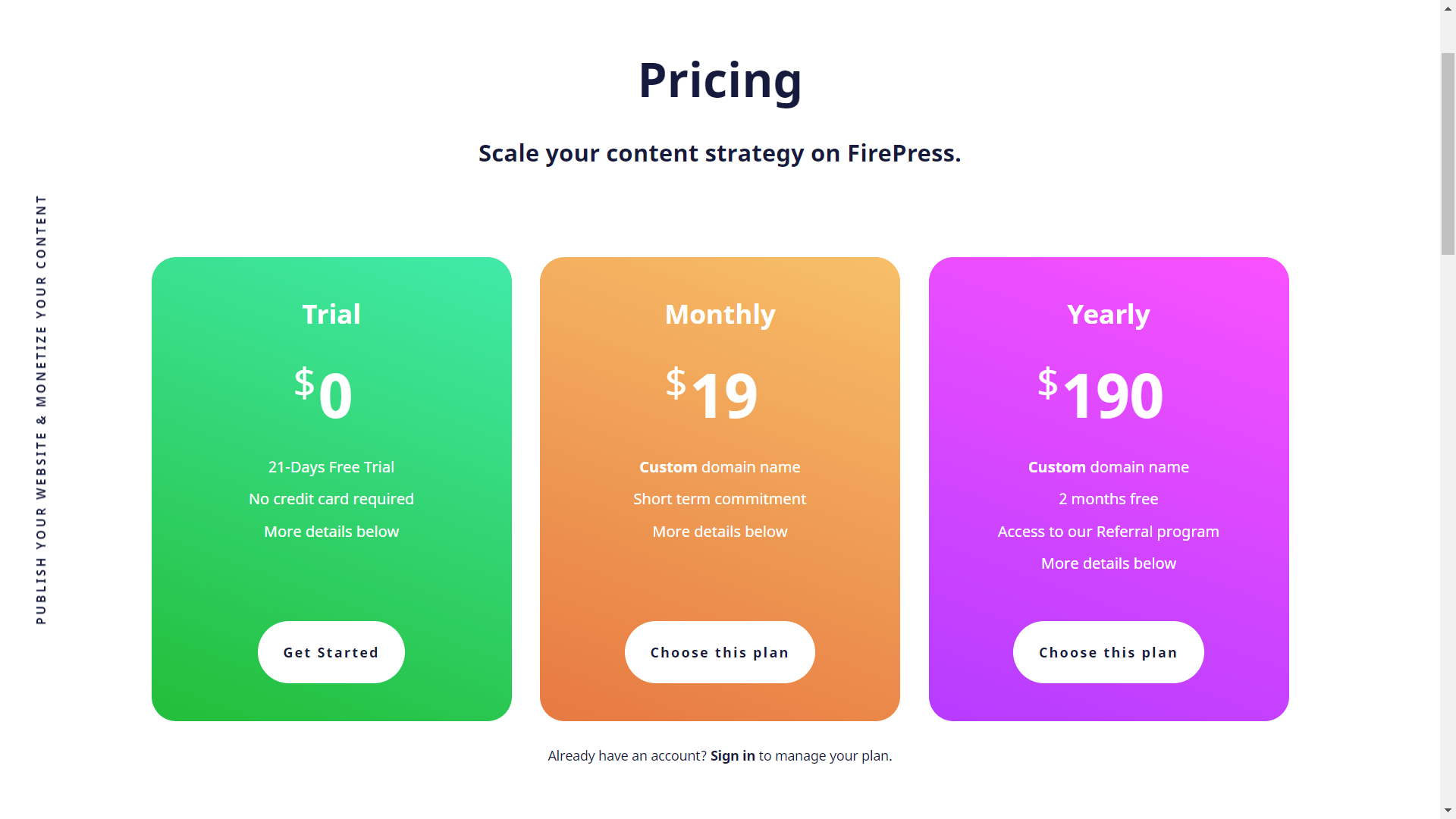 FirePress pricing page.