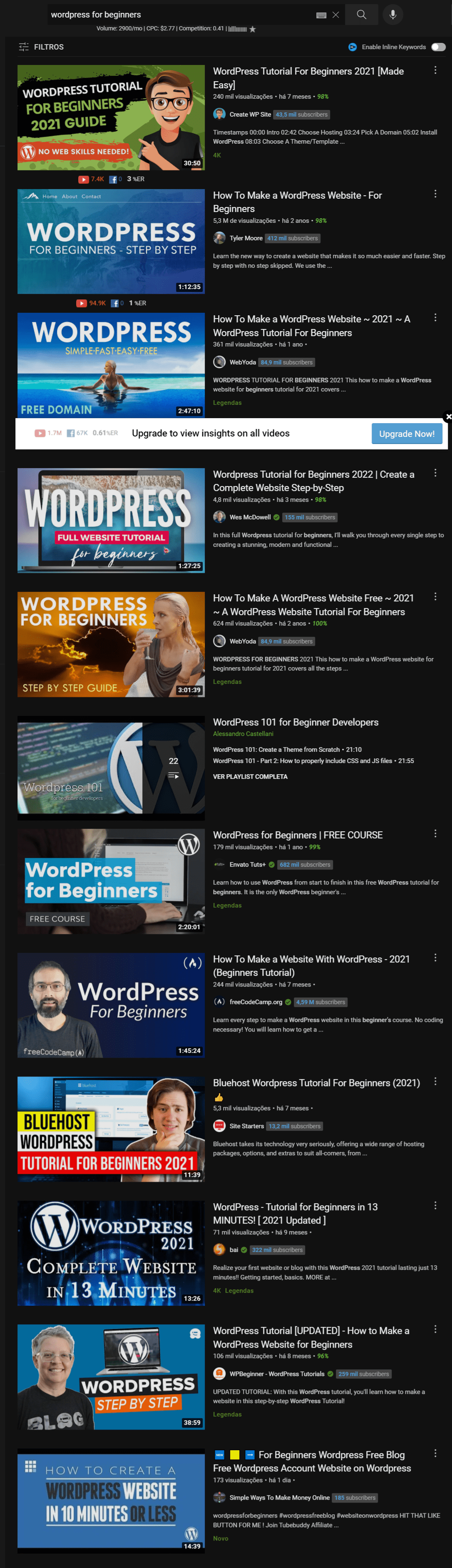 Search results for "WordPress for beginners" on YouTube.