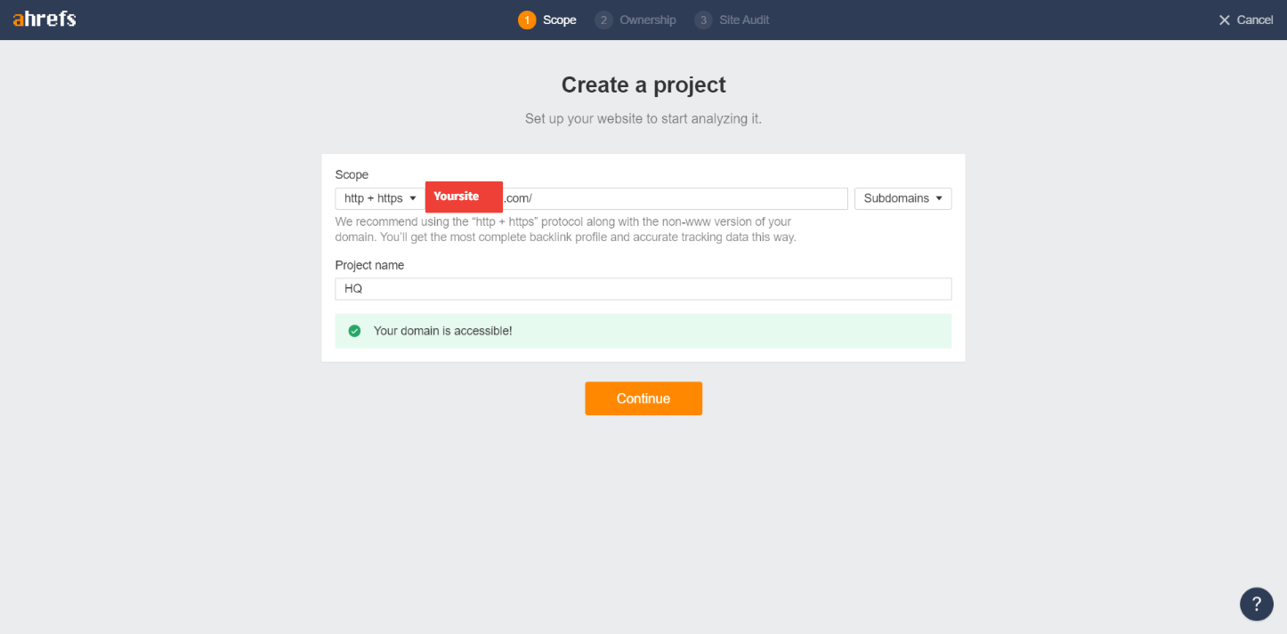 ahrefs new project page.