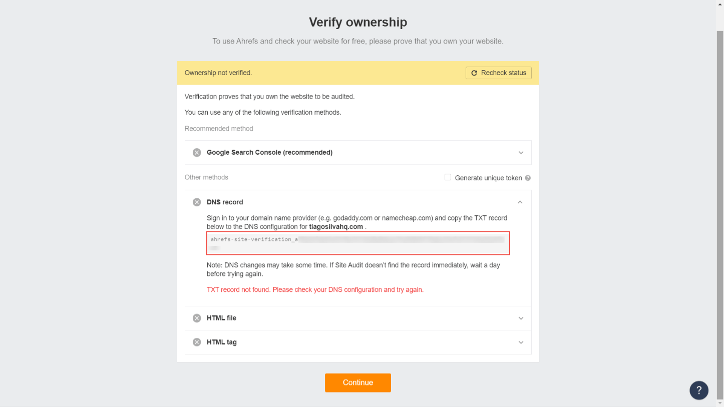 ahrefs verify ownership page to copy the DNS record.