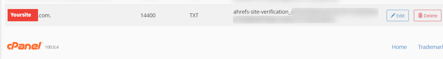 cPanel example of a TXT DNS record to verify ownership of ahrefs site.