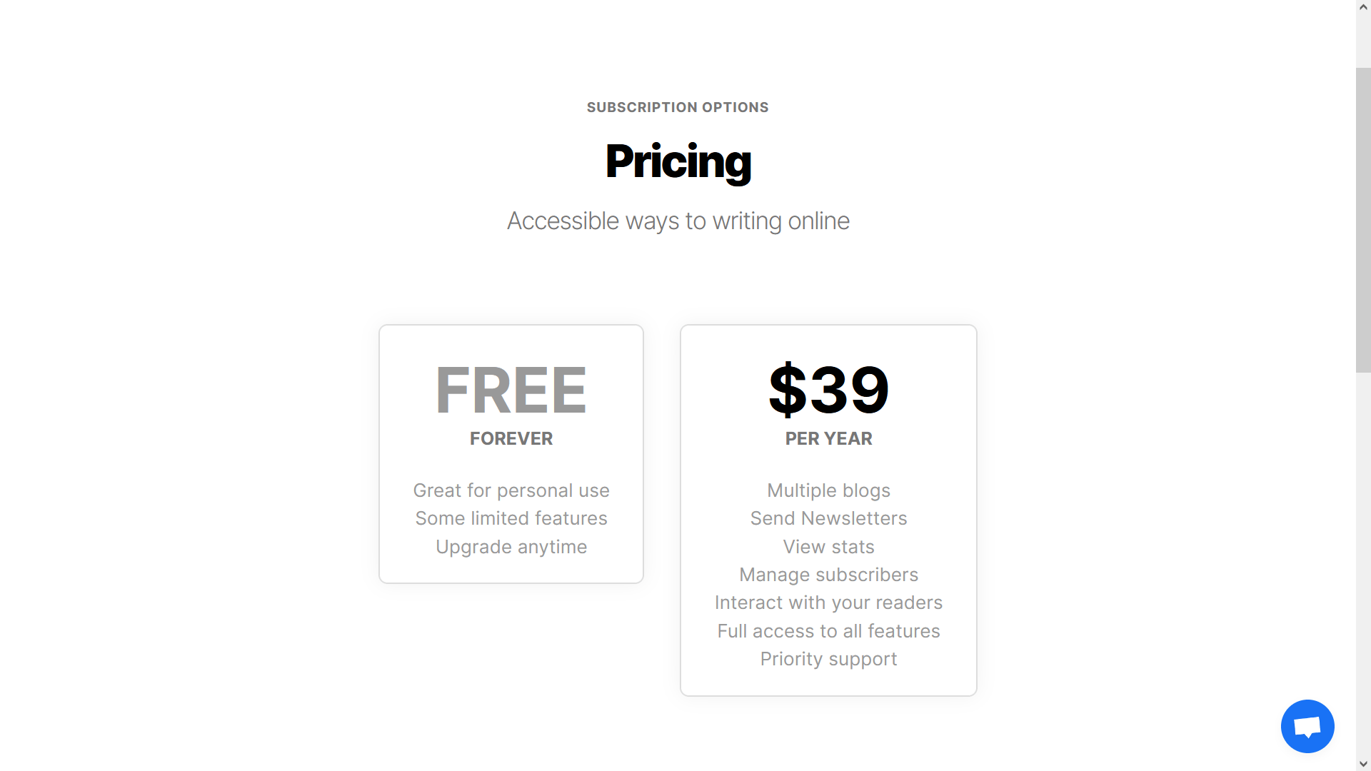 Blogstatic has 2 plans: Free and paid at $39 per year.
