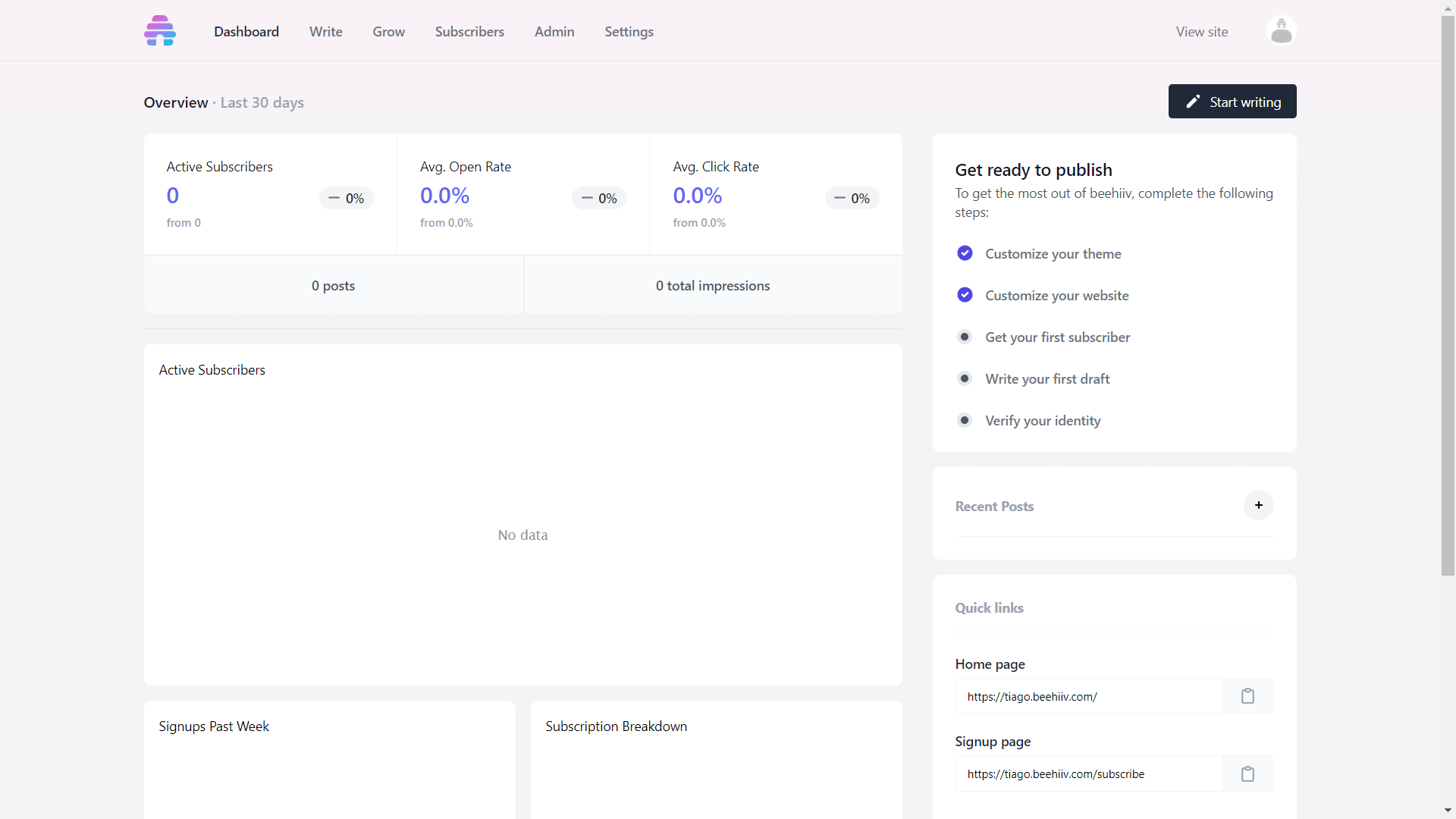 beehiiv dashboard when you sign in to account.
