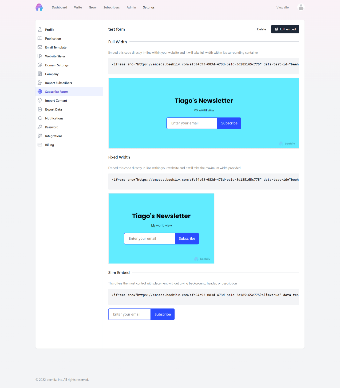 Subscriber forms for putting on external websites generated by beehiiv.