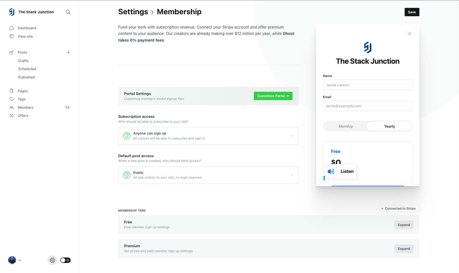 Ghost CMS membership management in the dashboard.