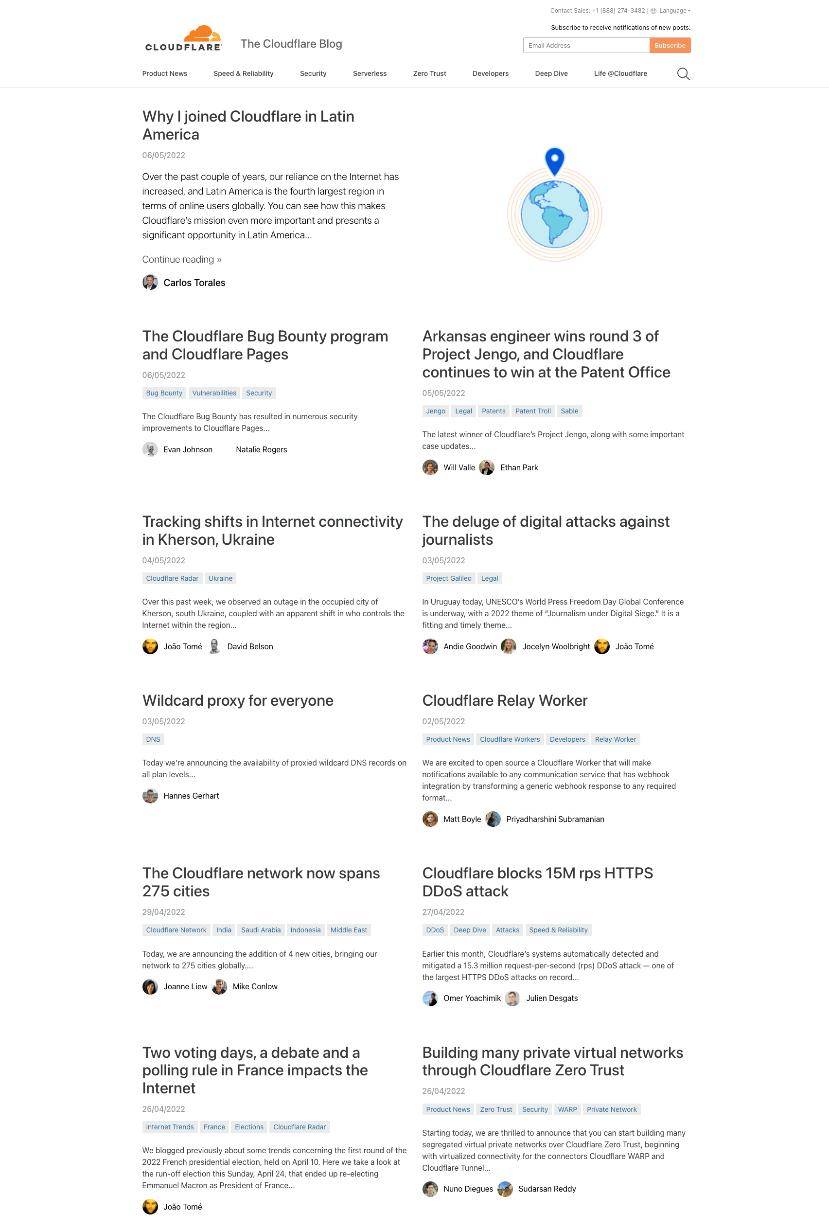 Cloudflare blog homepage using Ghost CMS.
