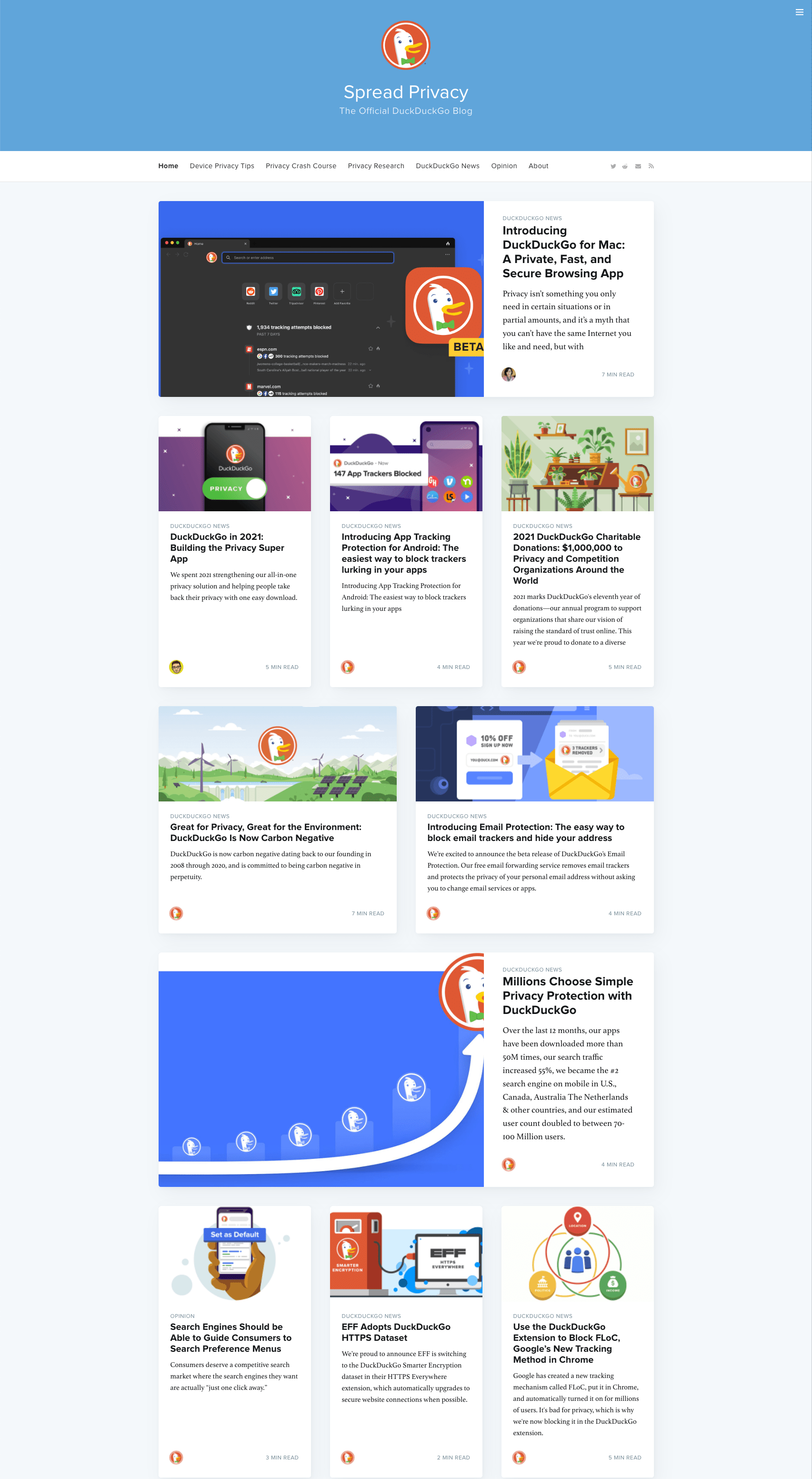 Duckduckgo blog homepage using Ghost CMS.