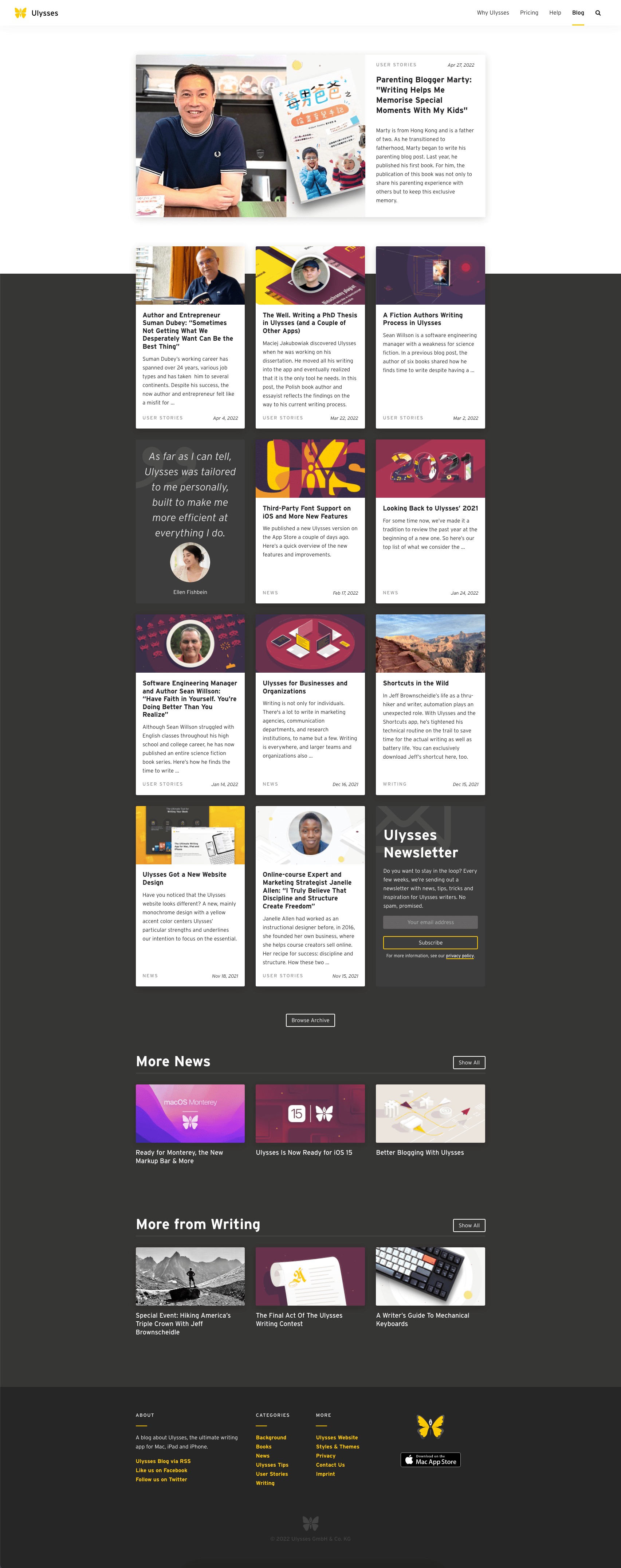 Ulysses blog homepage using Ghost CMS.