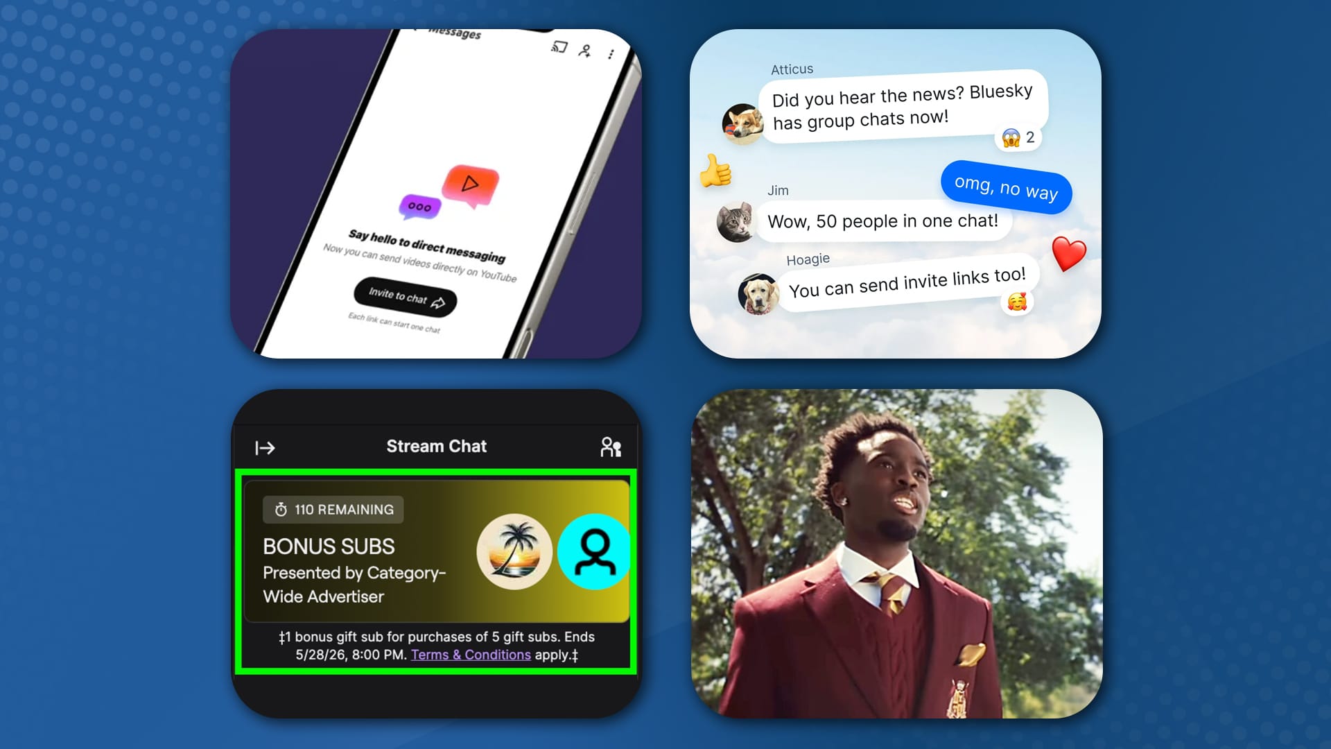 YouTube DMs, Bluesky Group Chats, Twitch Bonus Subs, and Streamer University 2026