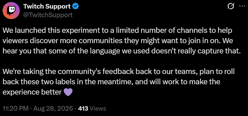 We launched this experiment to a limited number of channels to help viewers discover more communities they might want to join in on. We hear you that some of the language we used doesn't really capture that.   We're taking the community's feedback back to our teams, plan to roll back these two labels in the meantime, and will work to make the experience better 💜