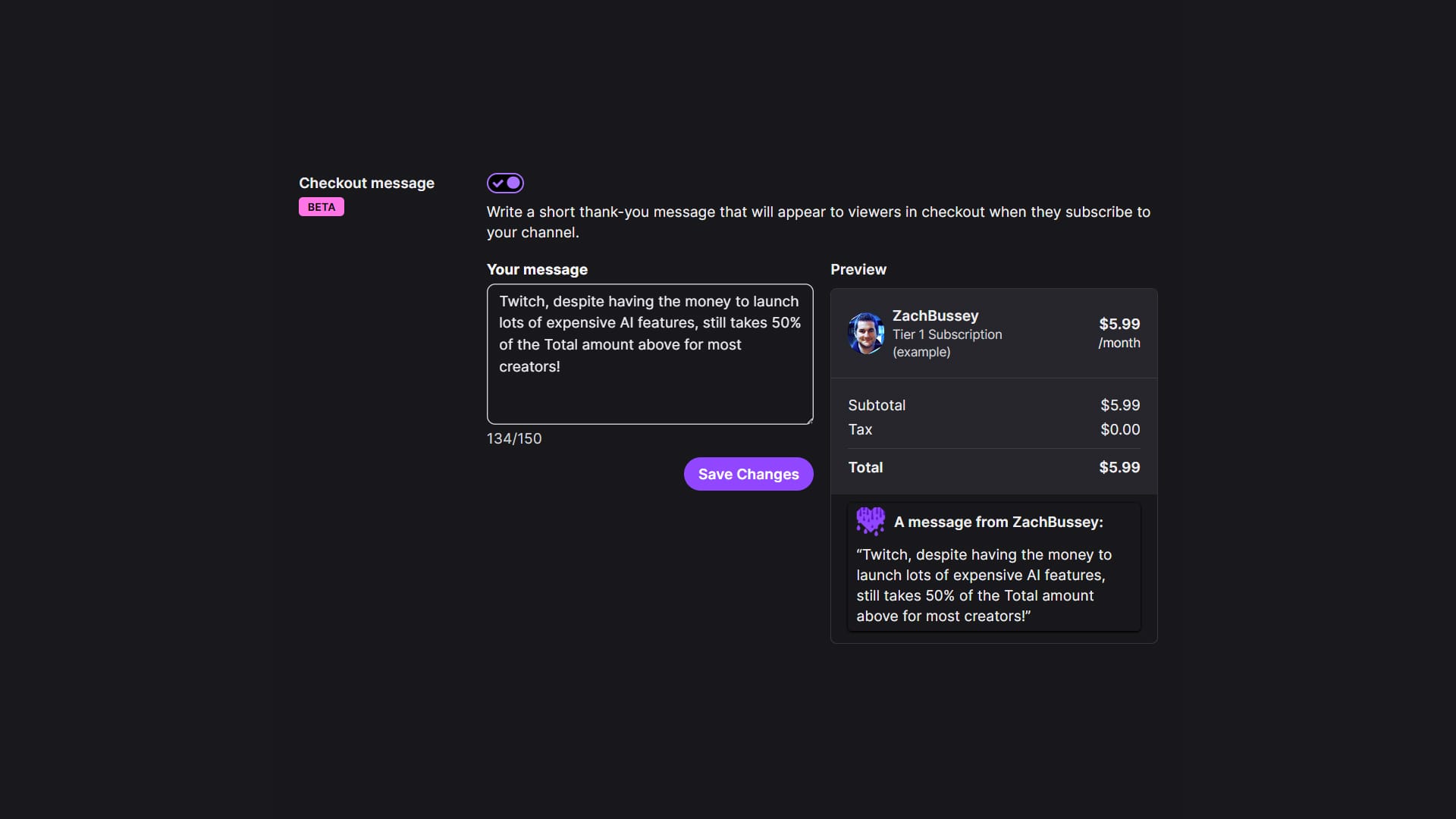 Twitch's Personalized Checkout Messages