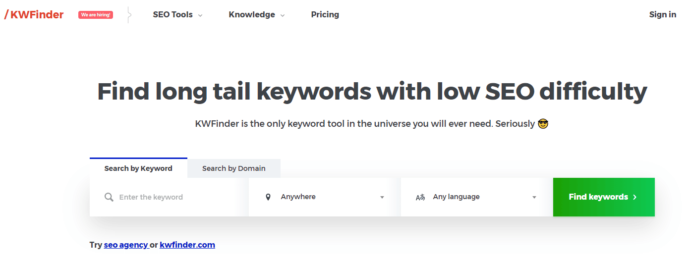seo marketing tools - KWFinder screenshot