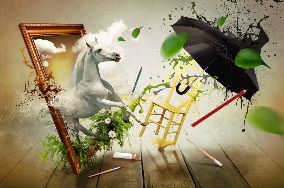 b2b content marketing - unique painting with horse coming out of picture frame, plants, umbrella, chair