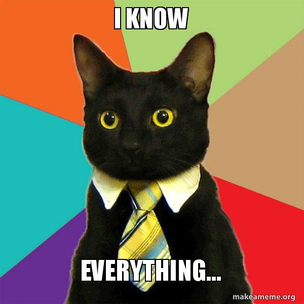 affiliate marketing strategies - cat wearing a tie meme "I know everything"