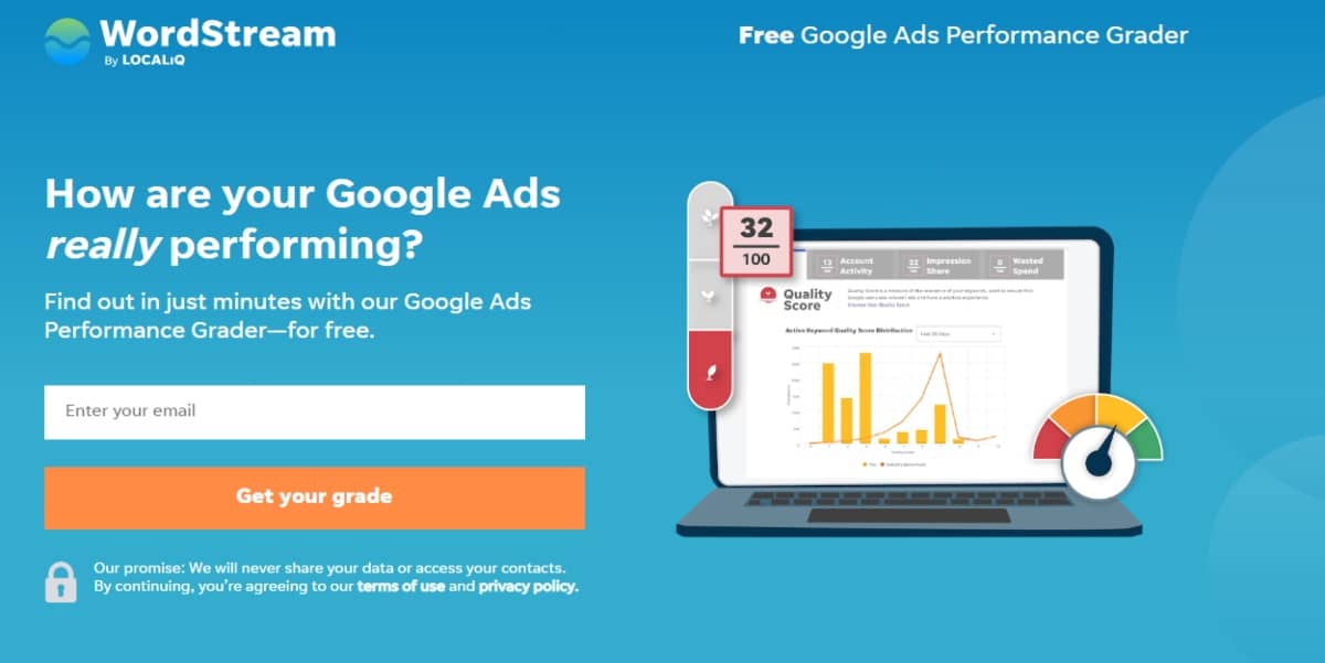 mobile marketing tools - Wordstream Google Ads Performance Grader screenshot