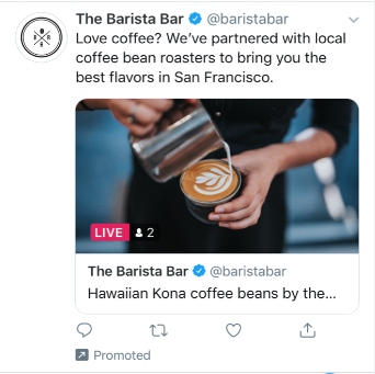 social media advertising - The Barista Bar Twitter Live ad example