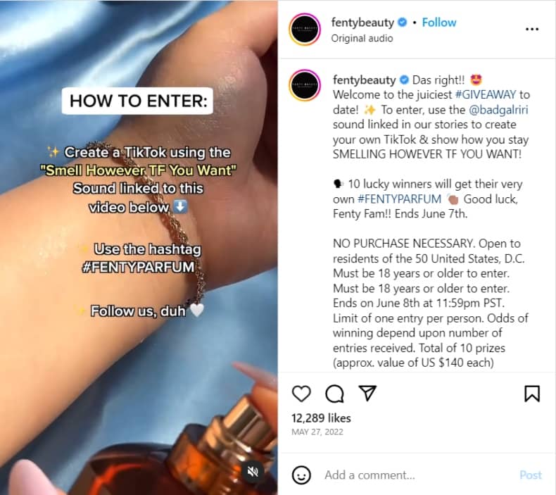 user-generated content - Fenty Parfum Instagram incentive reward example