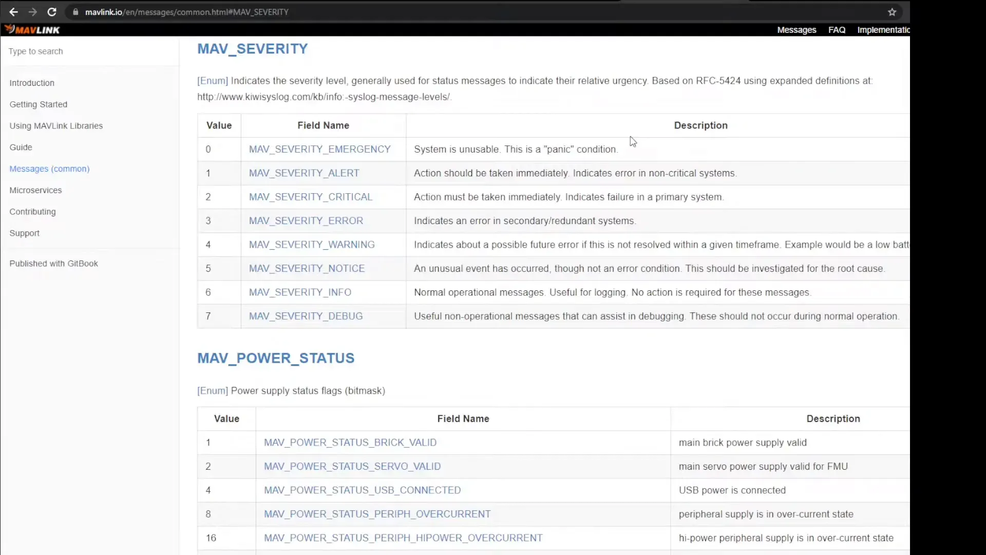 Mavlink severity table overview