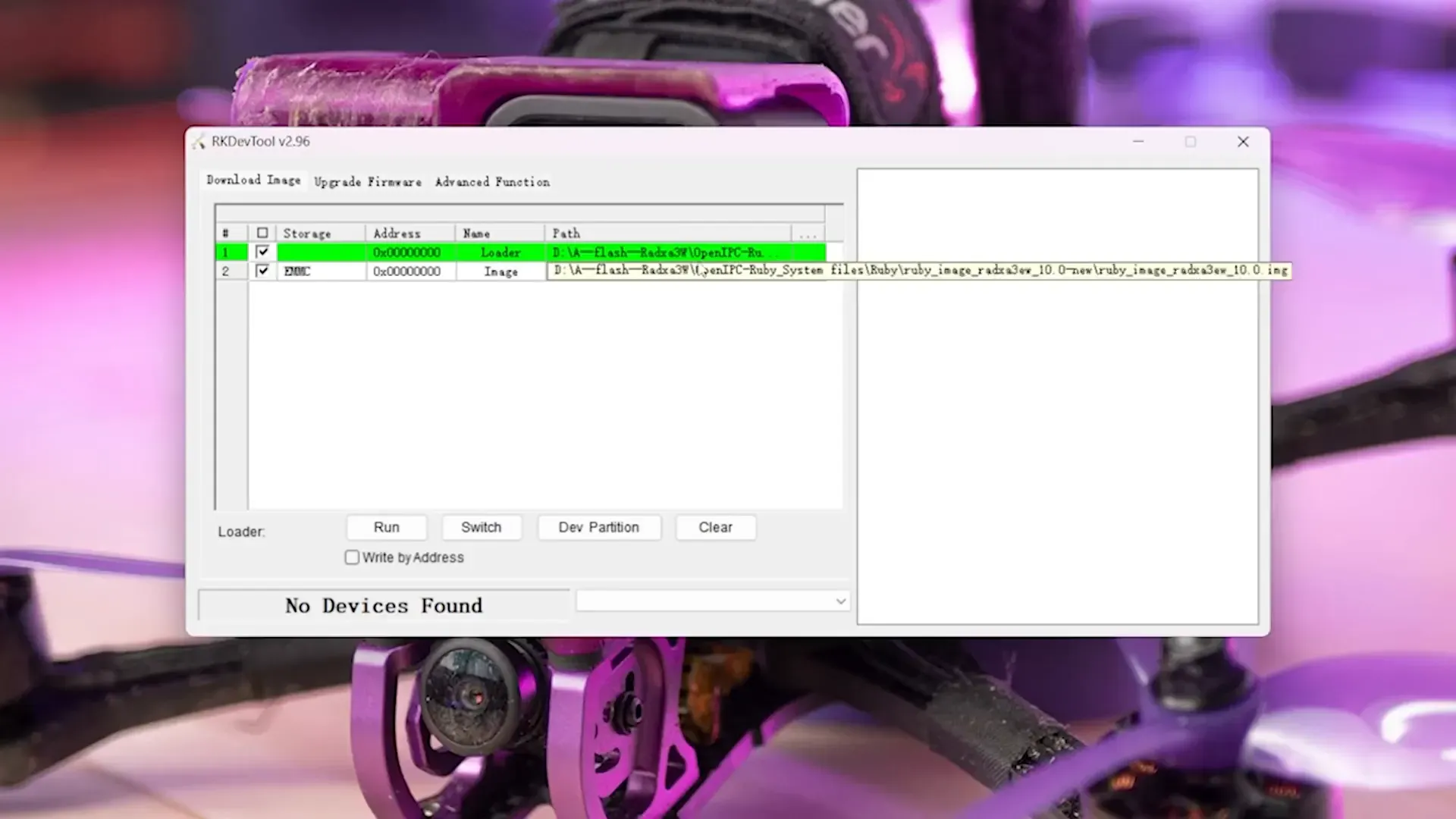 RKDevTool interface showing loader and firmware image selection