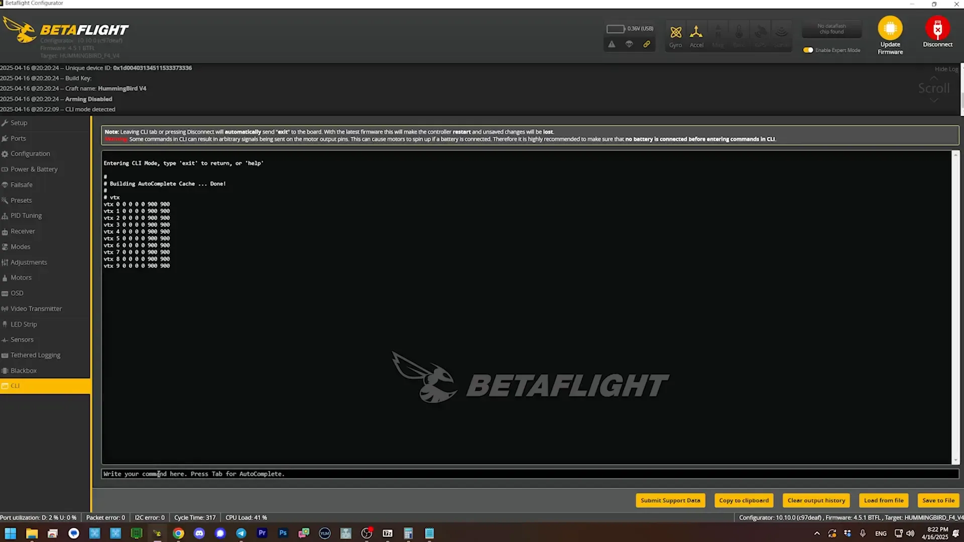 Using the VTX command in Betaflight