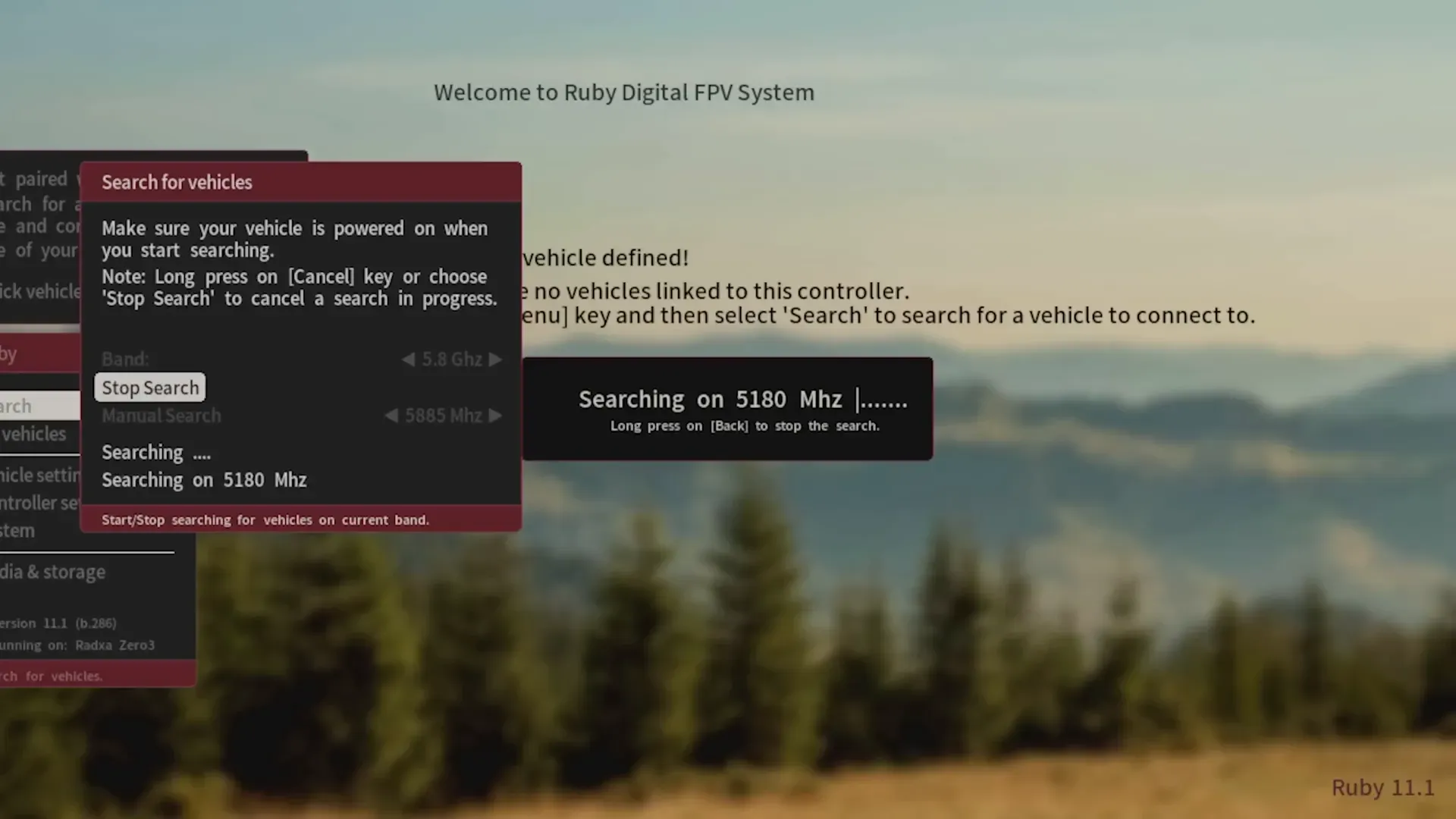 RubyFPV interface searching for drone