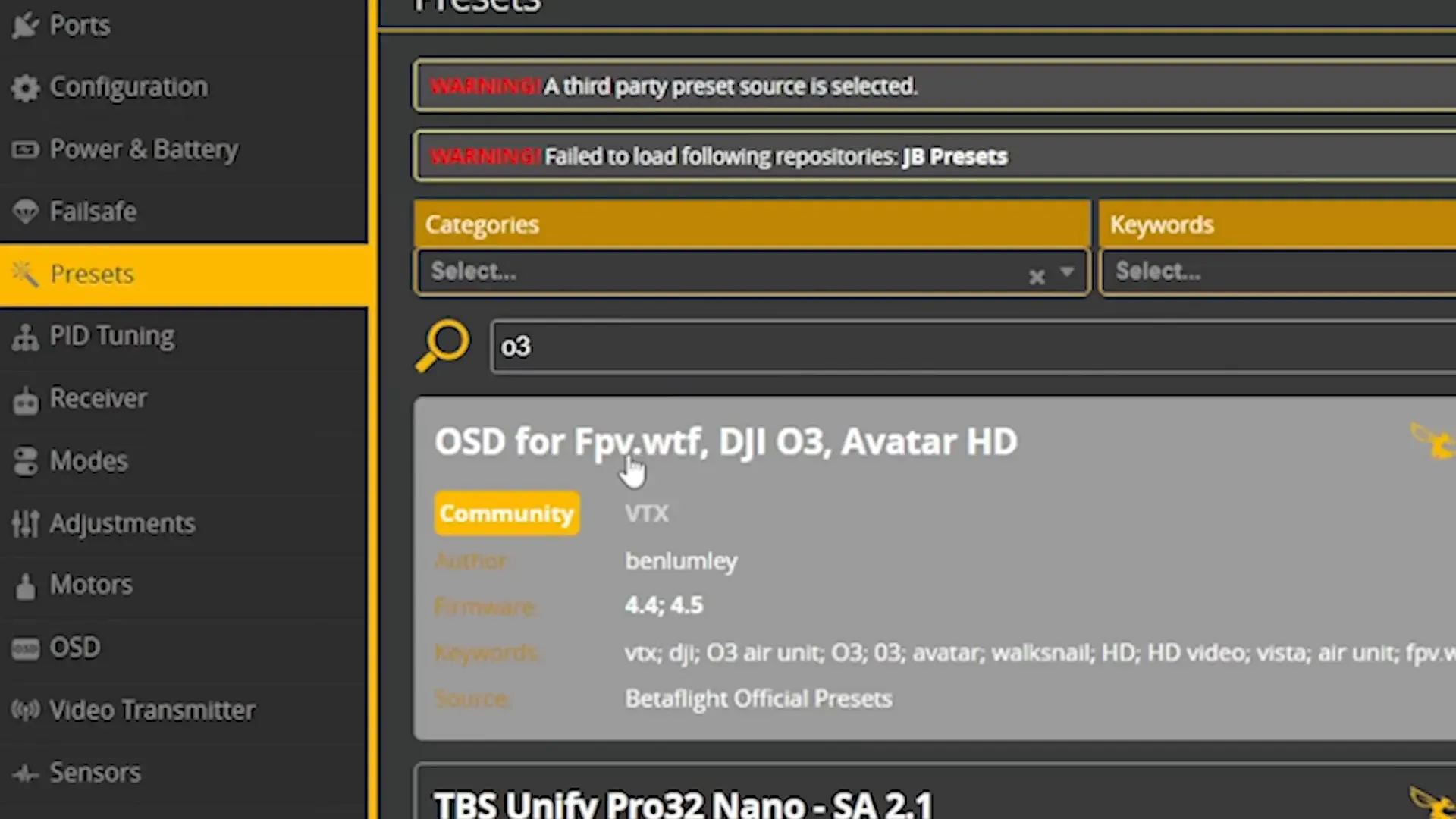 Betaflight configurator showing OSD settings for RubyFPV