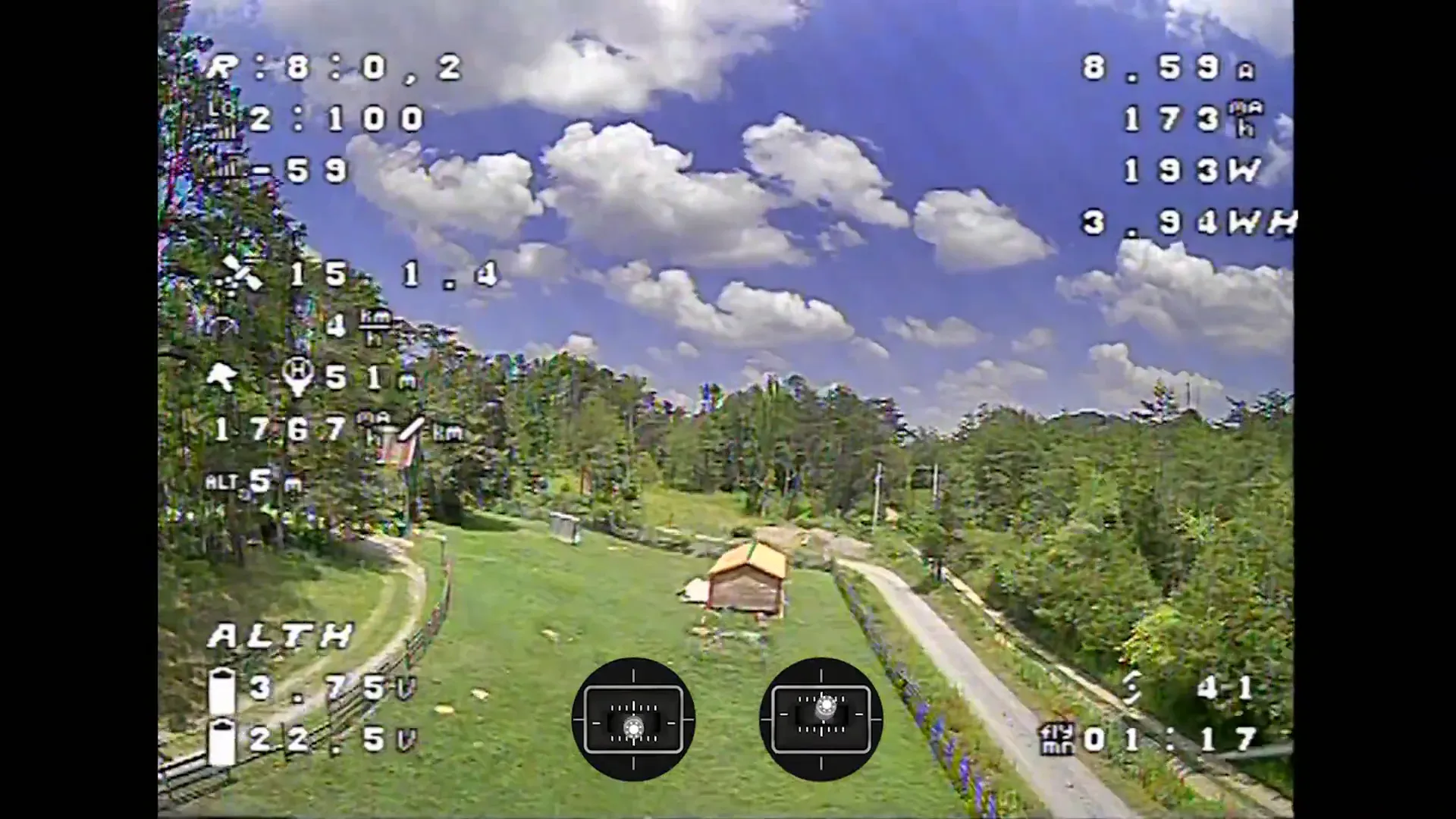 Drone flying in altitude hold mode, altitude visible on OSD