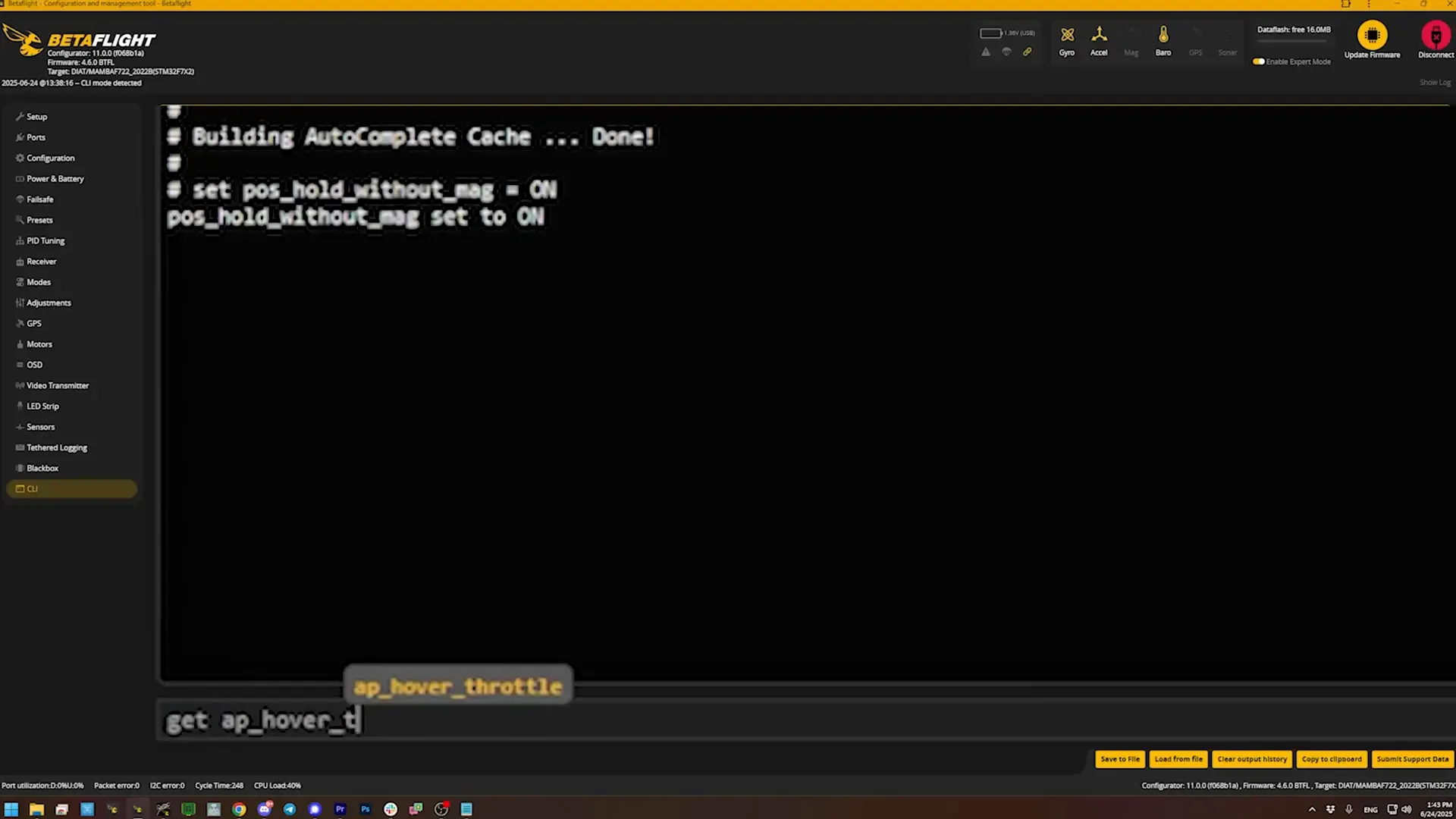 Betaflight CLI showing hover throttle setting