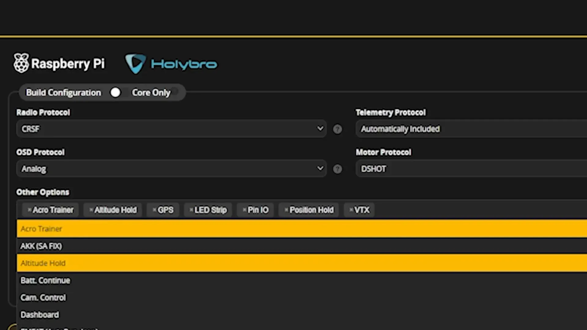 Betaflight firmware build configuration screen with POSHOLD and ALTHOLD options