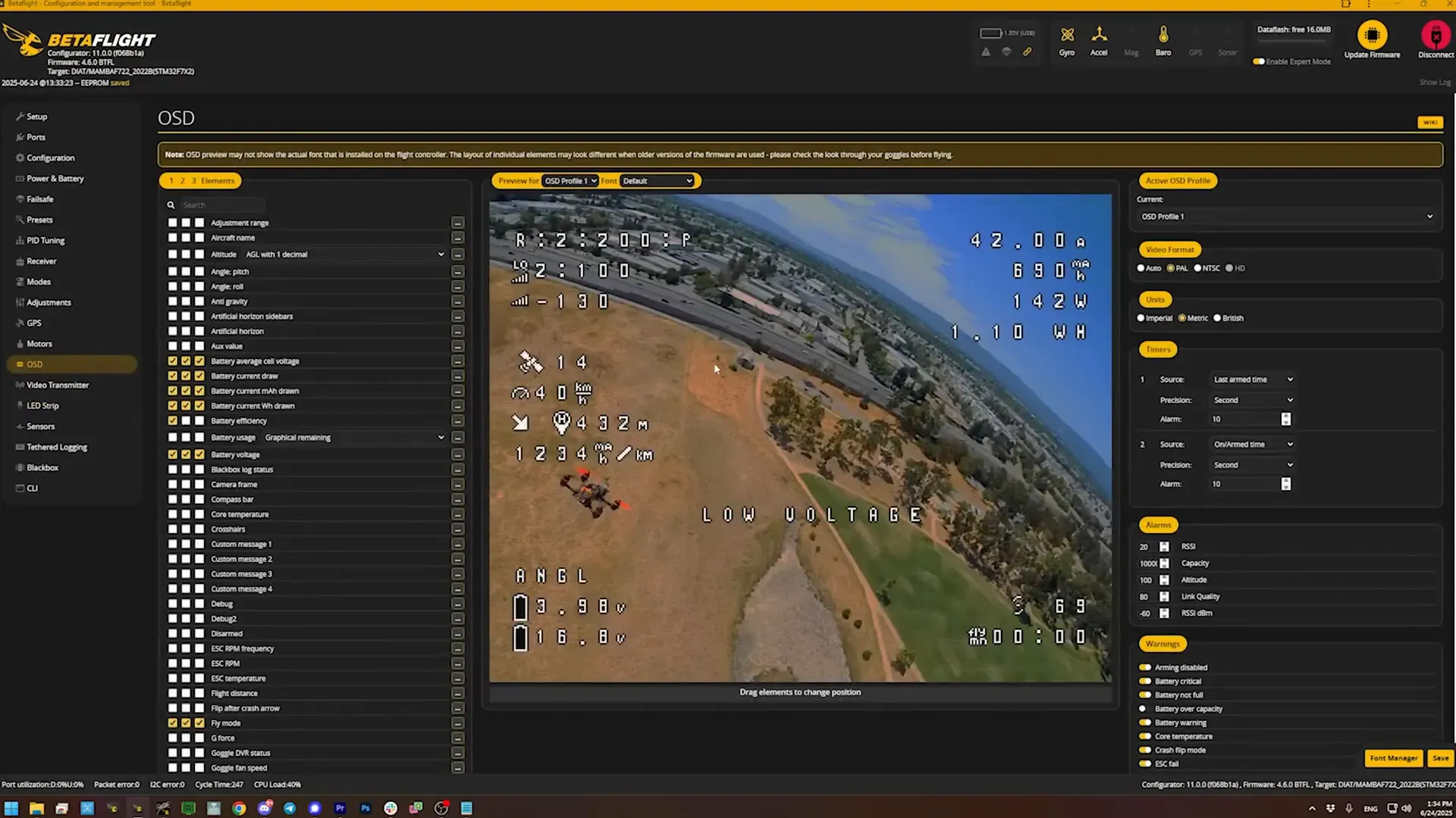 OSD screen showing GPS satellites and home direction
