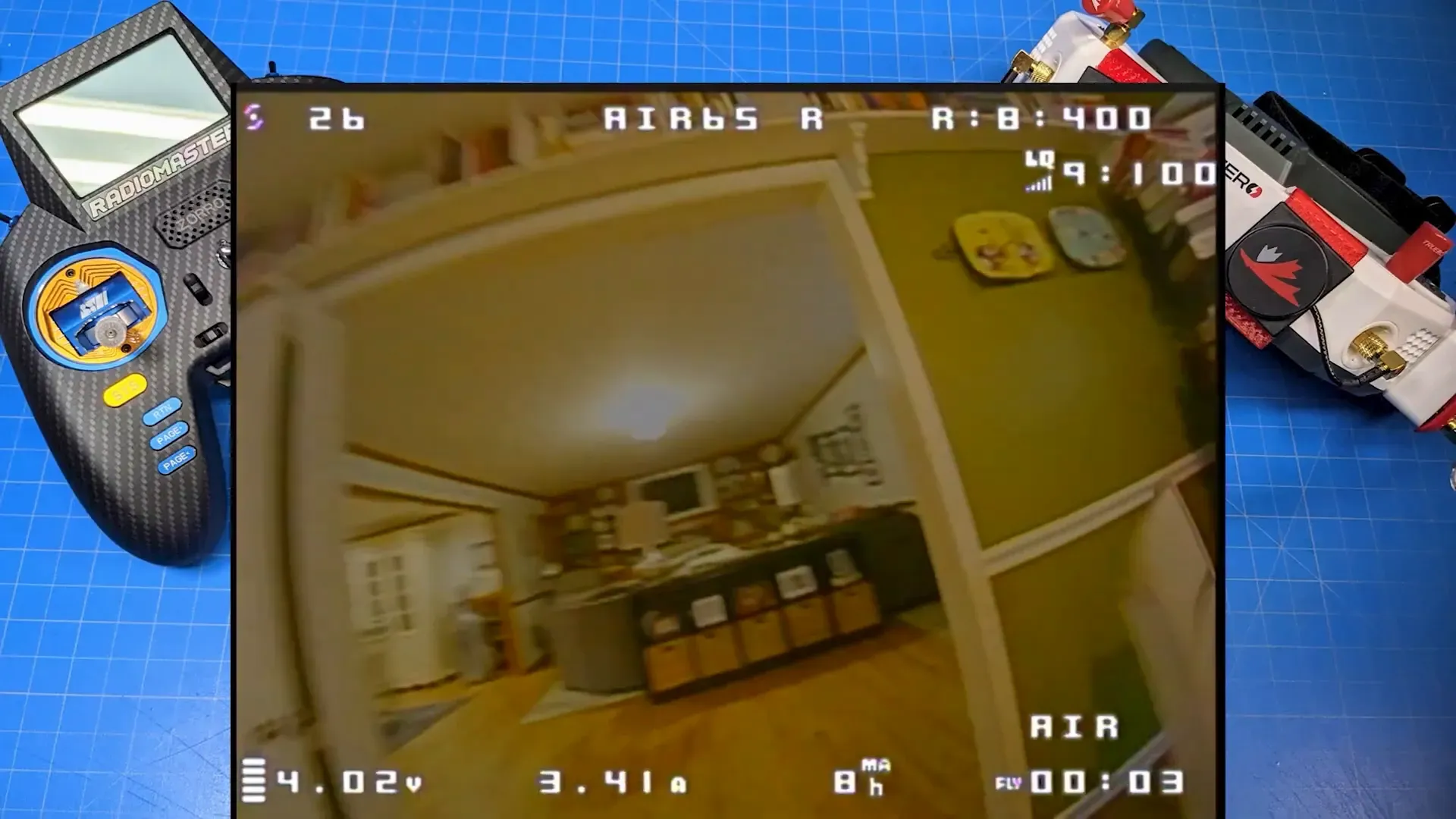 Sepia-toned FPV footage showing camera issue