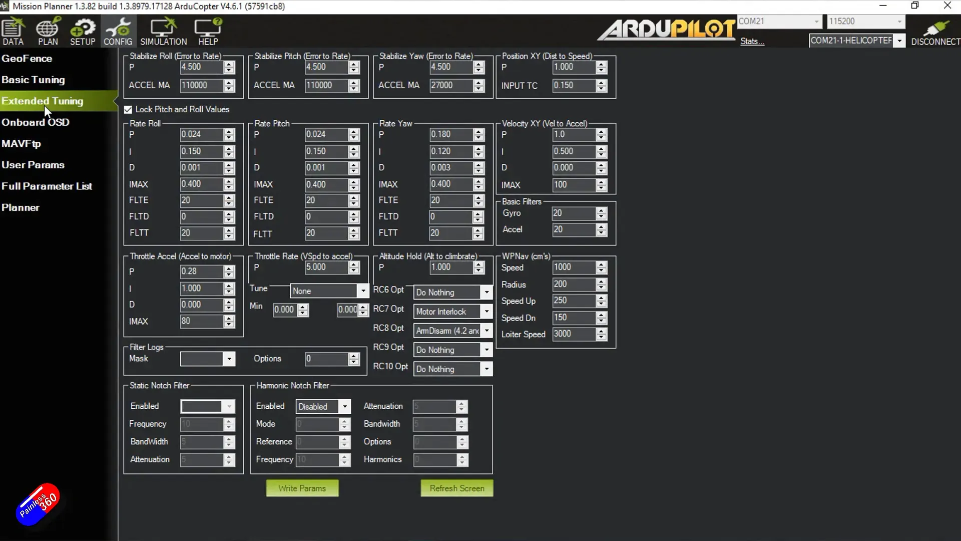 PID settings display during flight