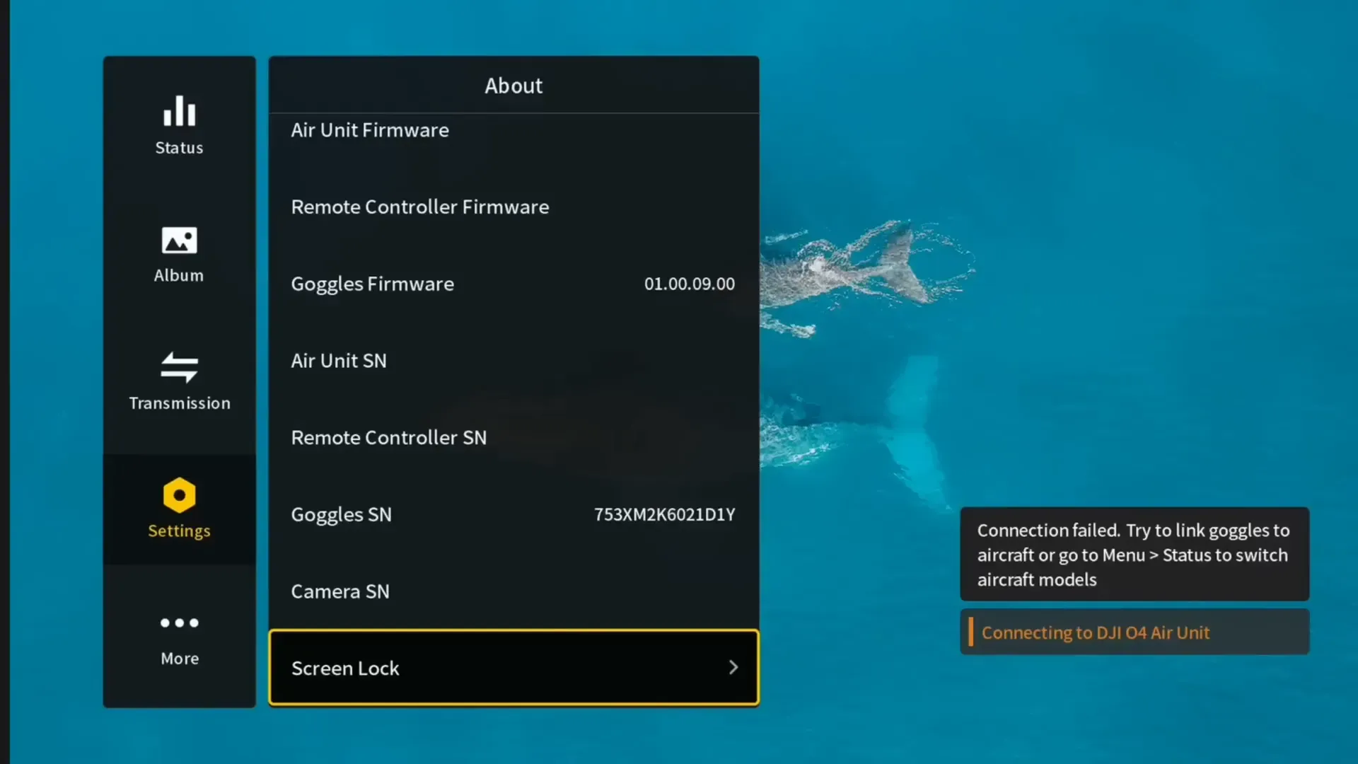 DJI Goggles 3 screen lock settings menu
