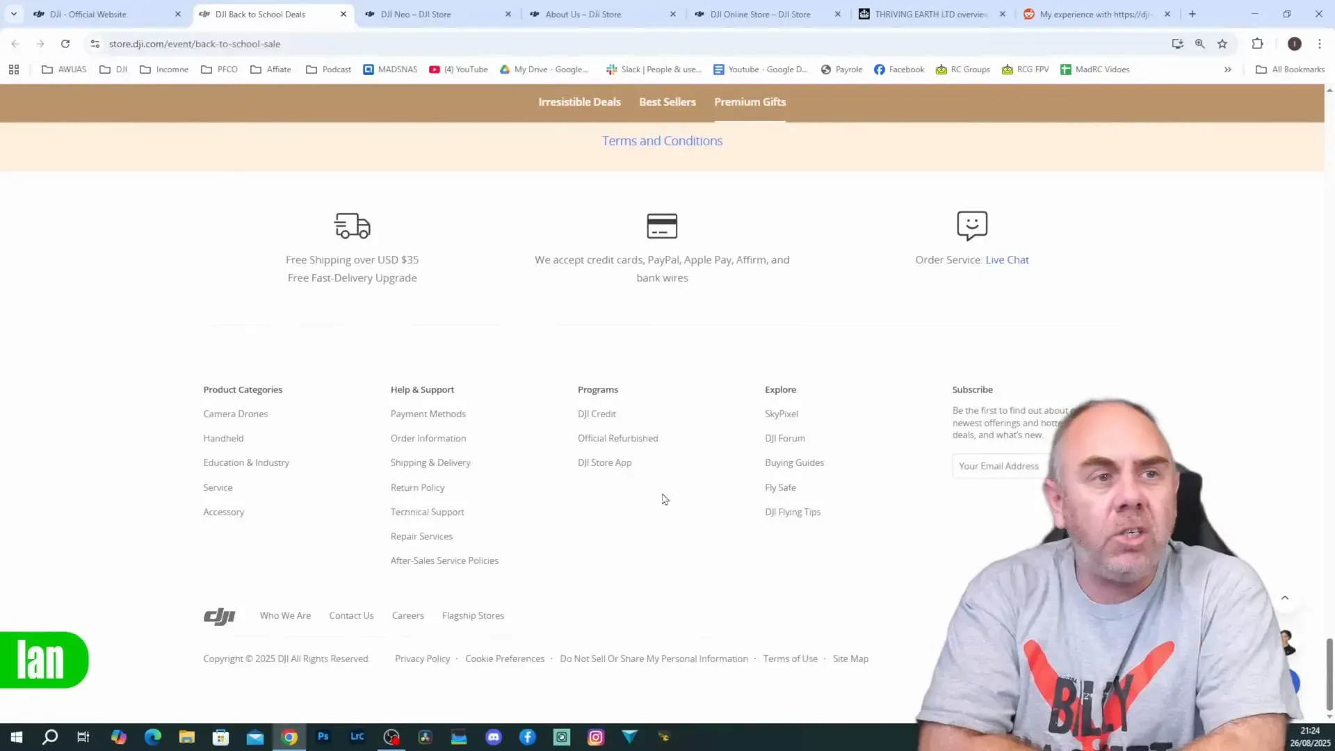 Comparison of official DJI footer versus the fake site's limited footer