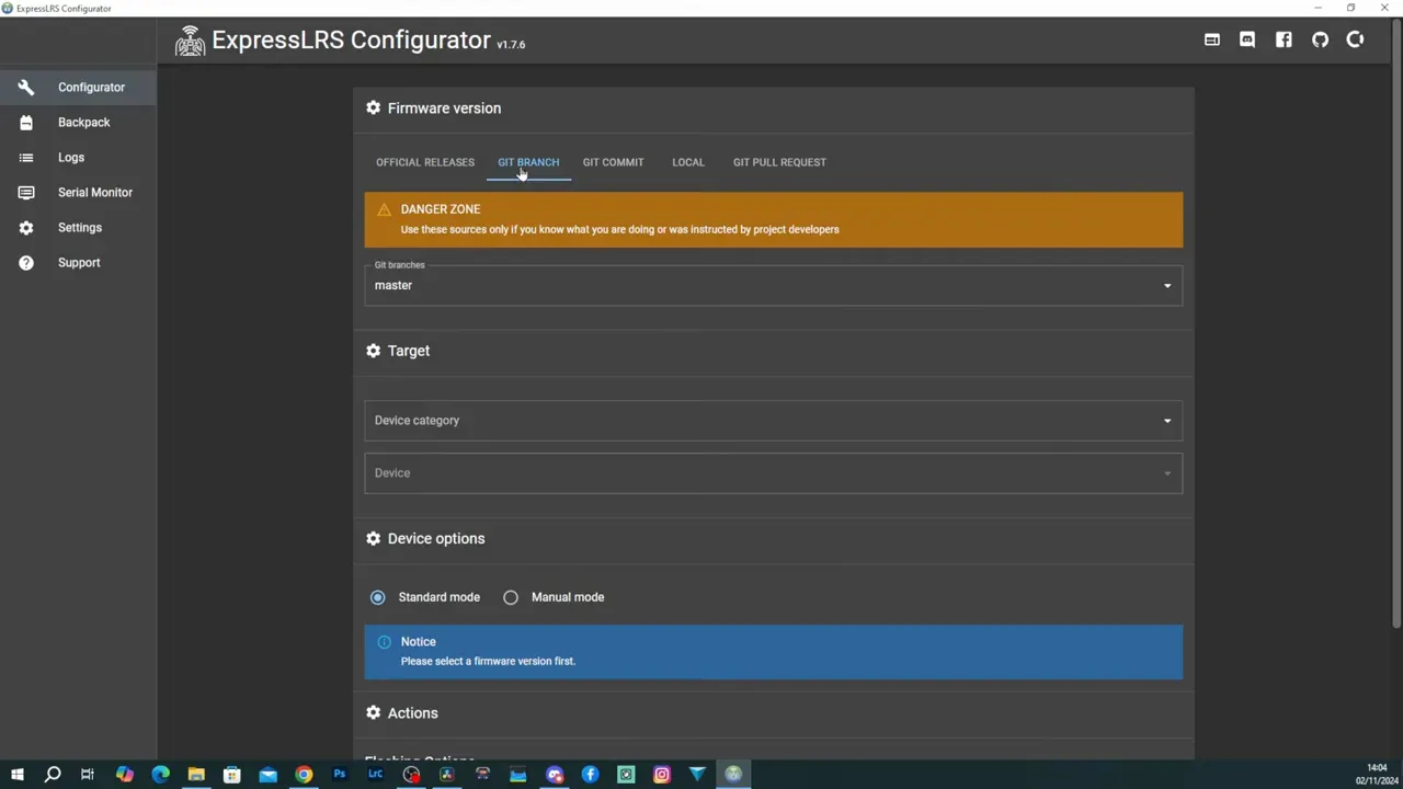 Flash master branch in ELRS Configurator; switch to v4.0 later