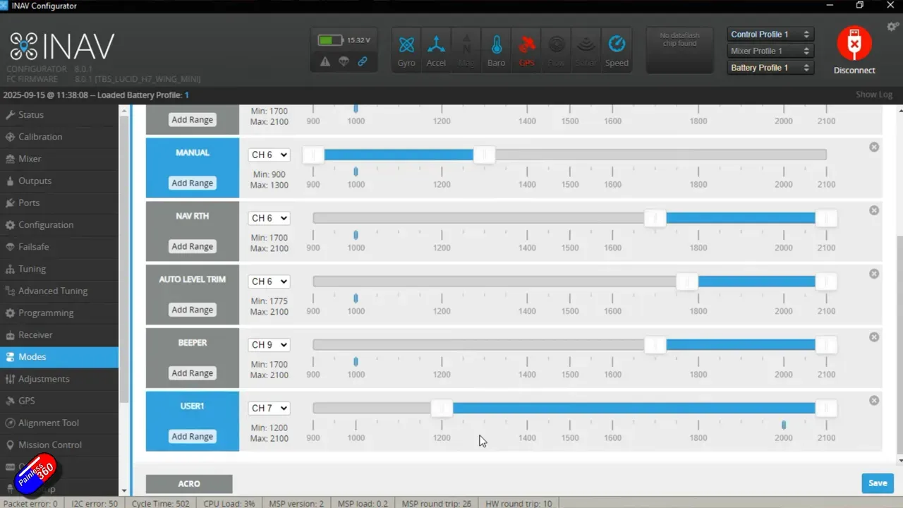 iNav Modes tab showing User 1 configured for a switch