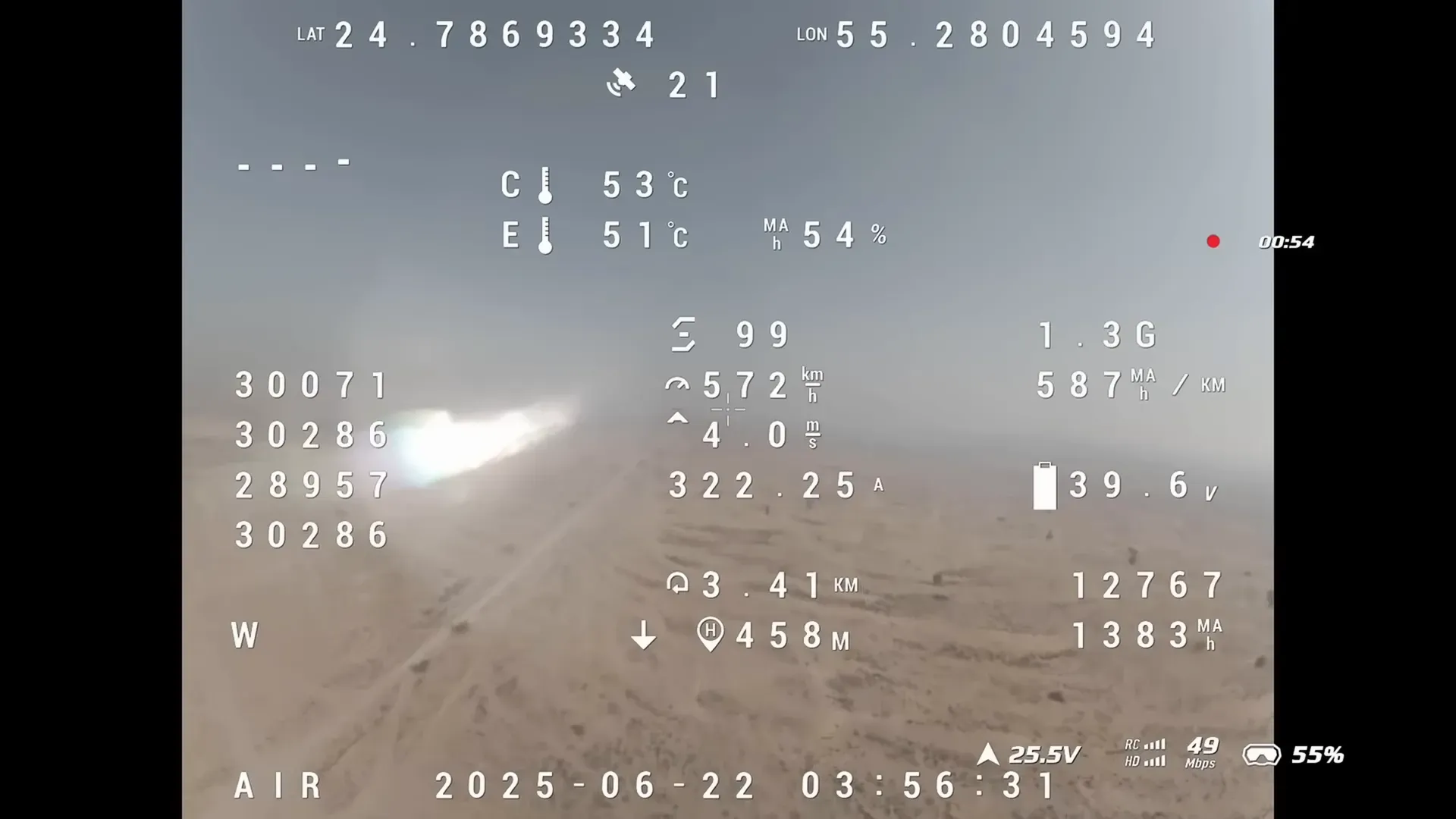 OSD showing instant speed near 579 km/h