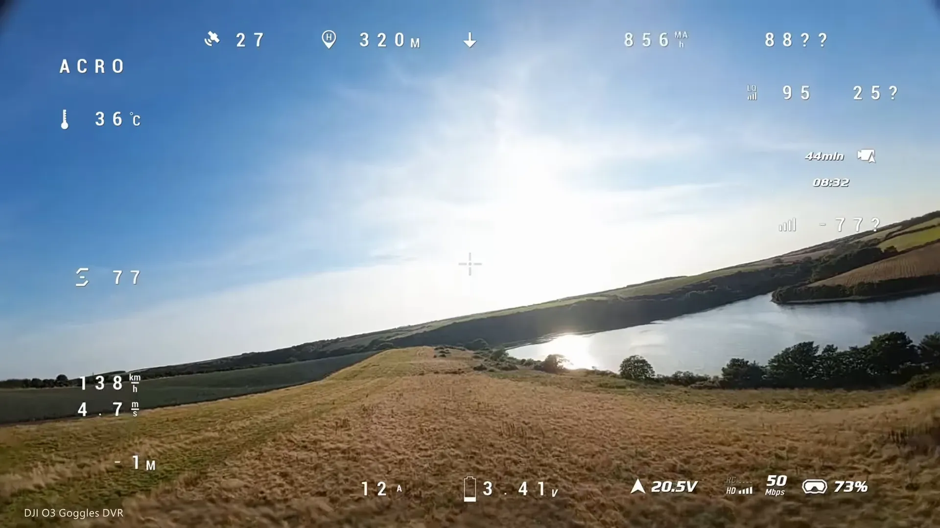 On-screen OSD showing flight time and current draw