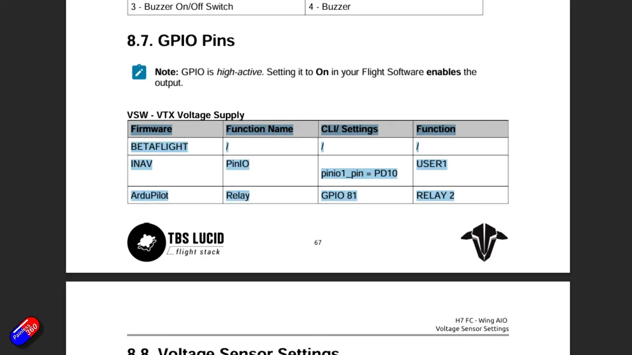 Manual page referencing a pin IO setting (documented error according to Painless360)