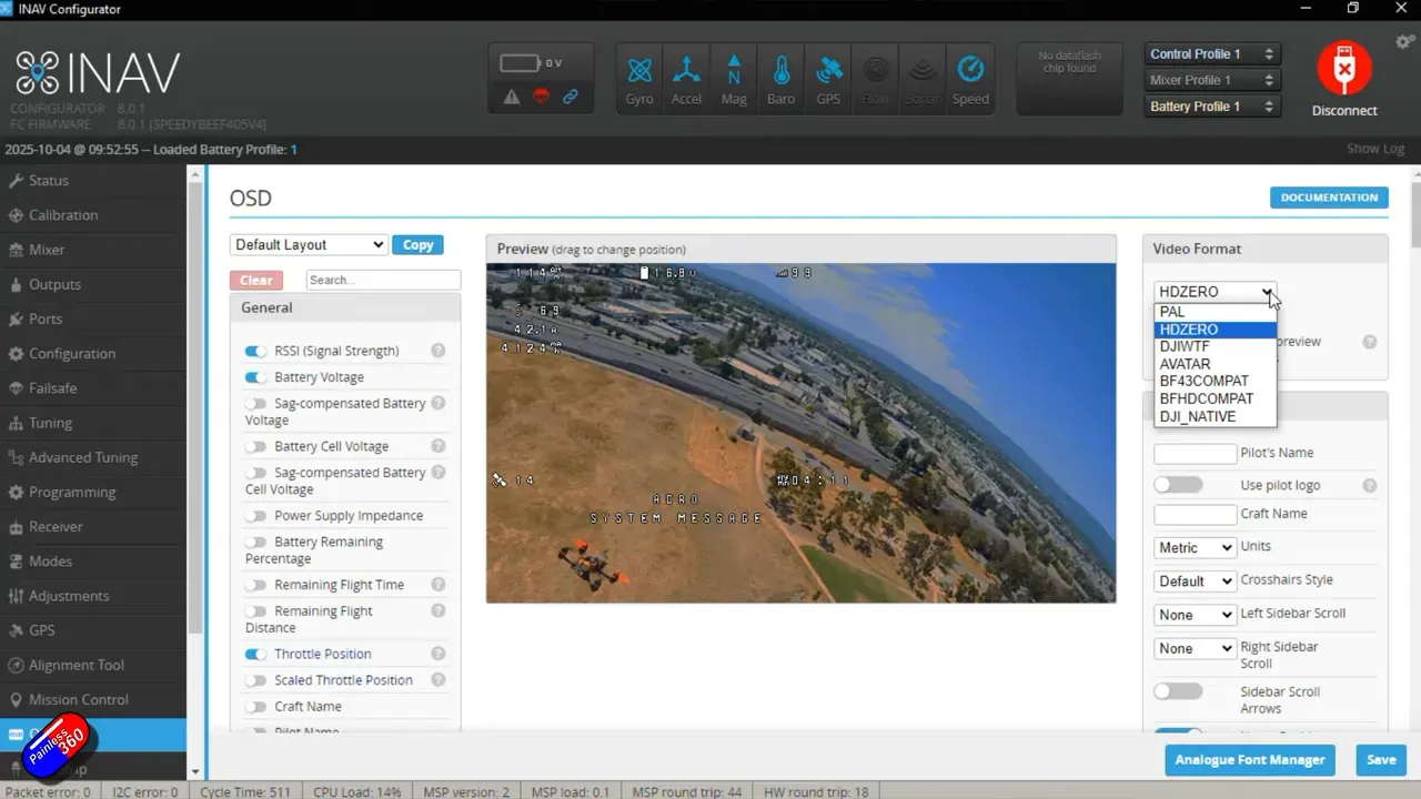 OSD selection choosing Avatar for Walksnail and preview guides