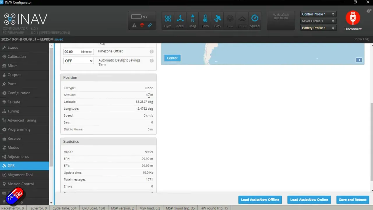 GPS tab showing total messages and satellite lock status