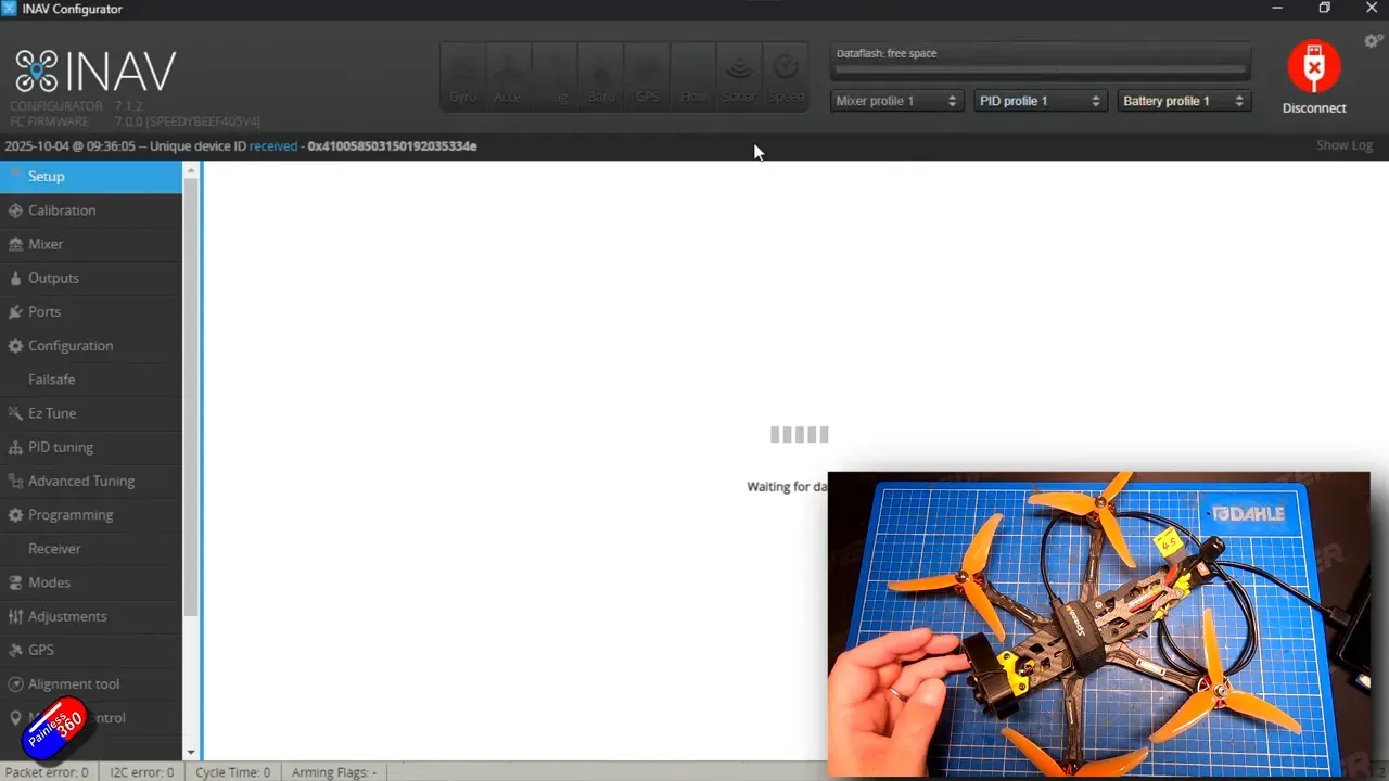 INAV Configurator connected to the flight controller
