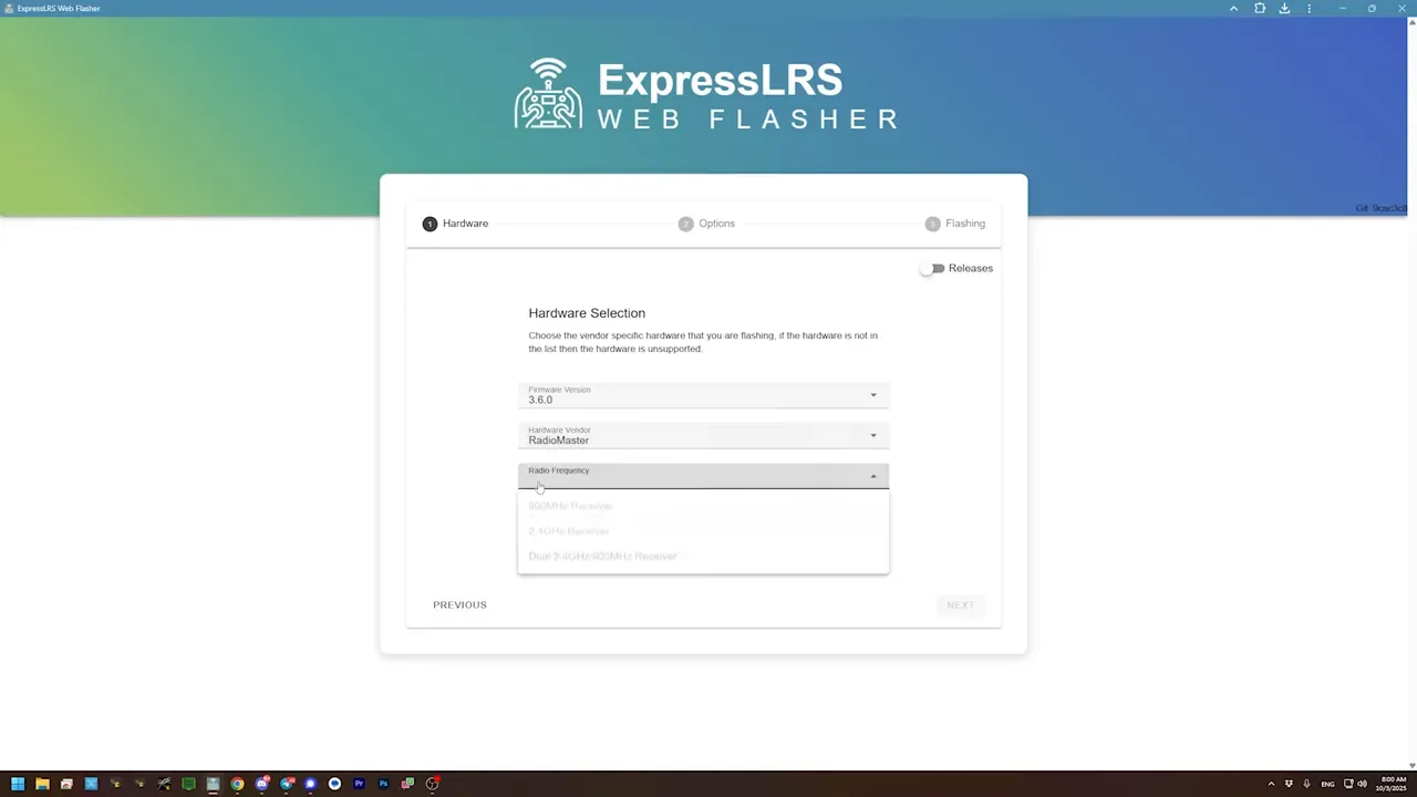 ELRS web flasher selecting RadioMaster 900MHz RX target