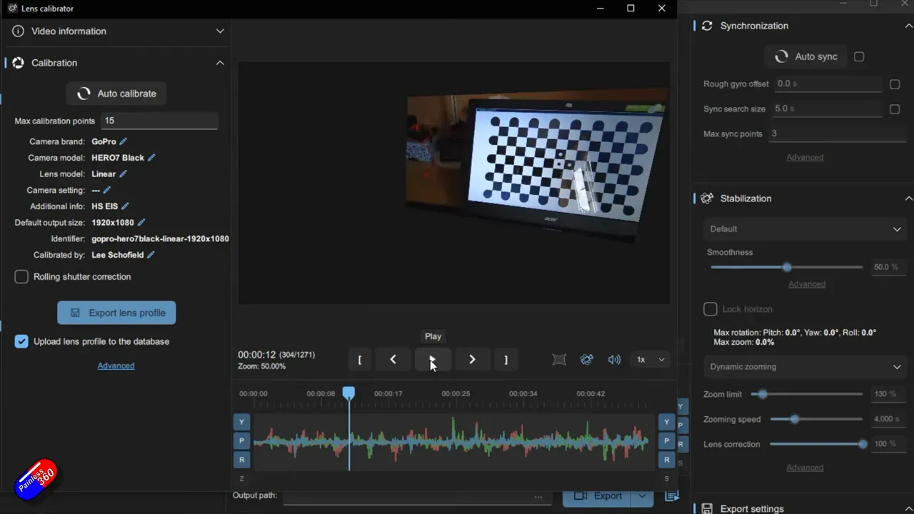 Importing the calibration video into Gyroflow; the clip appears in the middle pane